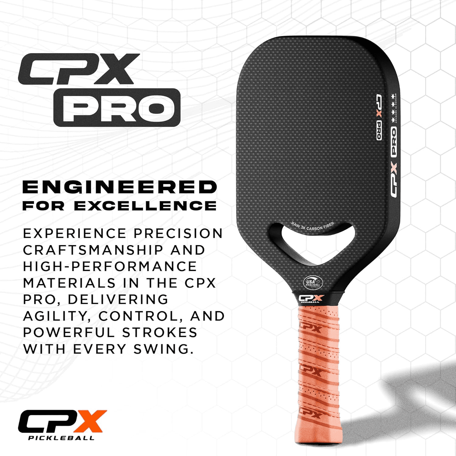 CPX Pickleball Pro Carbon Fiber Paddle (Black, 19mm Honeycomb Core) njp89