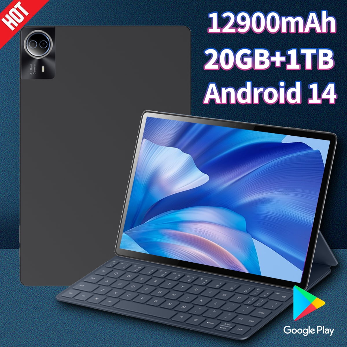 JWEIBK 14 Inch Android 14 Tablet 2-in-1 Laptop with Keyboard, 20GB RAM 1000GB ROM, 5G Wi-Fi High-Performance Computer (Black, 14 in) 5f9i4