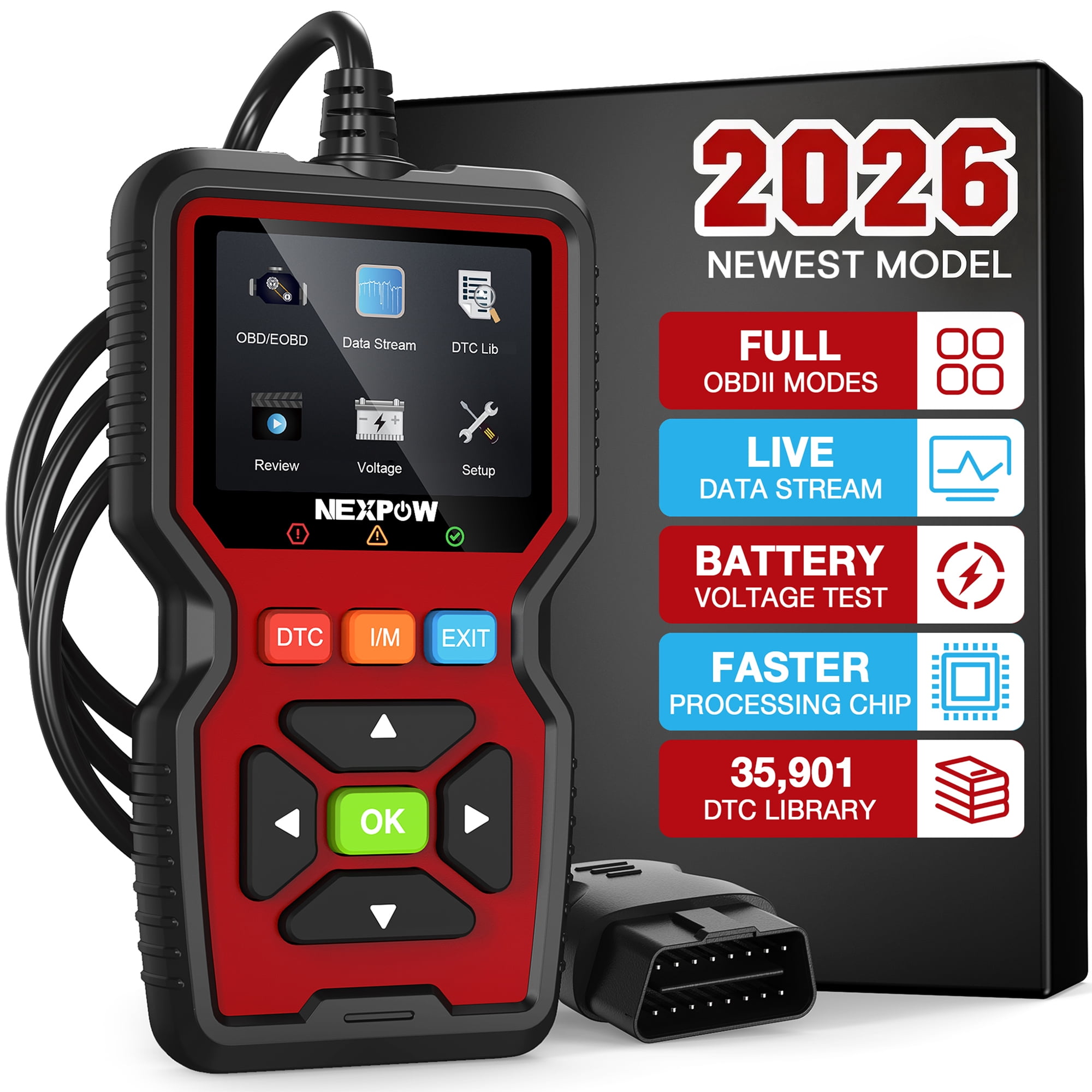 NEXPOW OBD2 Scanner Car Code Reader Diagnostic Tool for Check Engine Light (Red, 2.5 ft Cable) 8j8mt