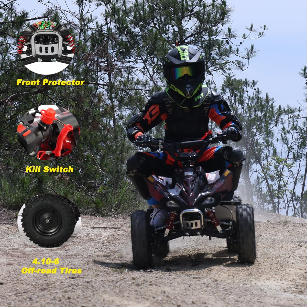 X-Pro Thunder 40cc Mini Gas ATV for Kids, 4-Stroke Engine with Pull Start and Disc Brakes (Red, 42 in Length) 0q4uo