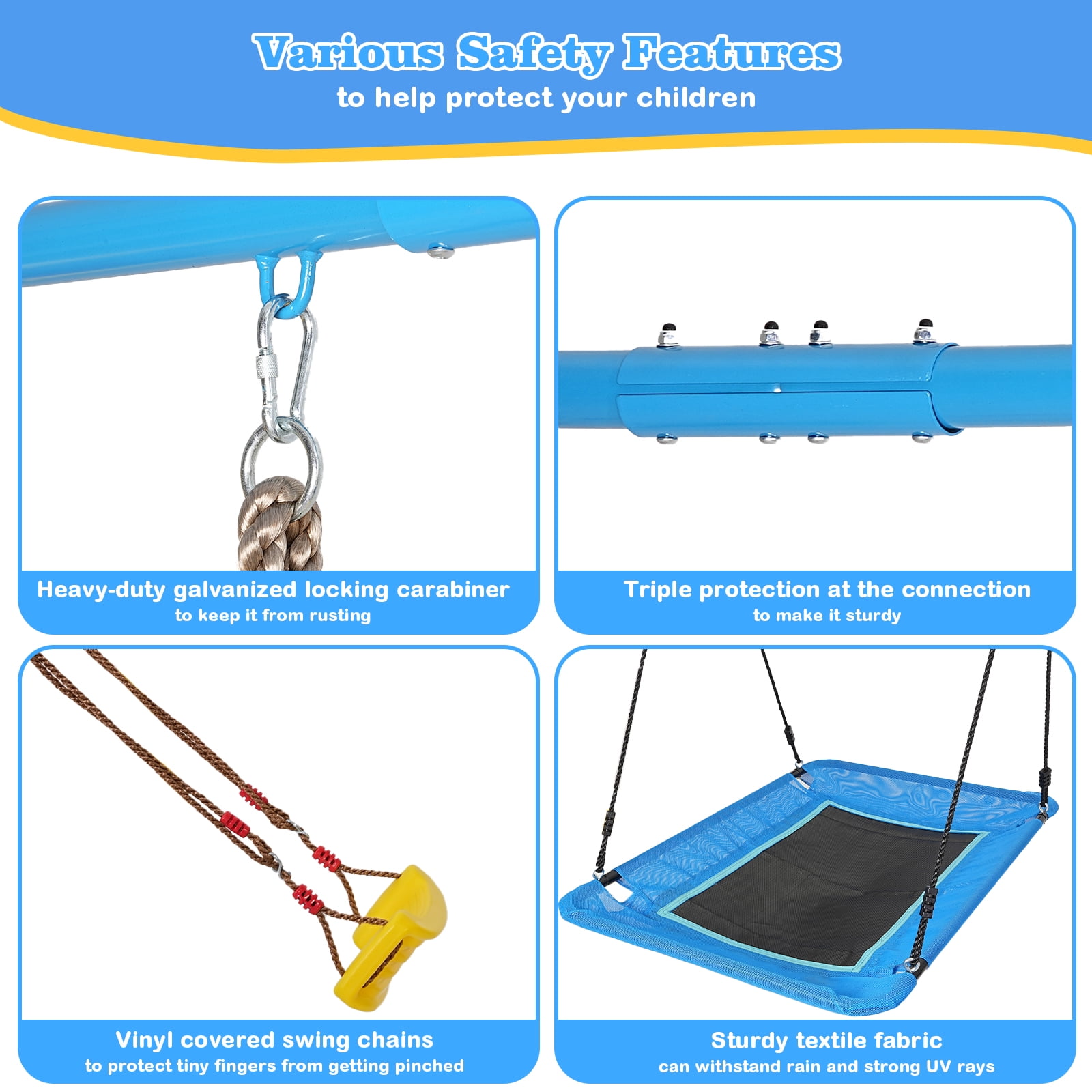 KALNUR 4-in-1 Outdoor Metal Swing Set with Saucer Swing, Climbing Rope, and Basketball Hoop (Blue, 127 in x 79 in x 80 in) qk5dz