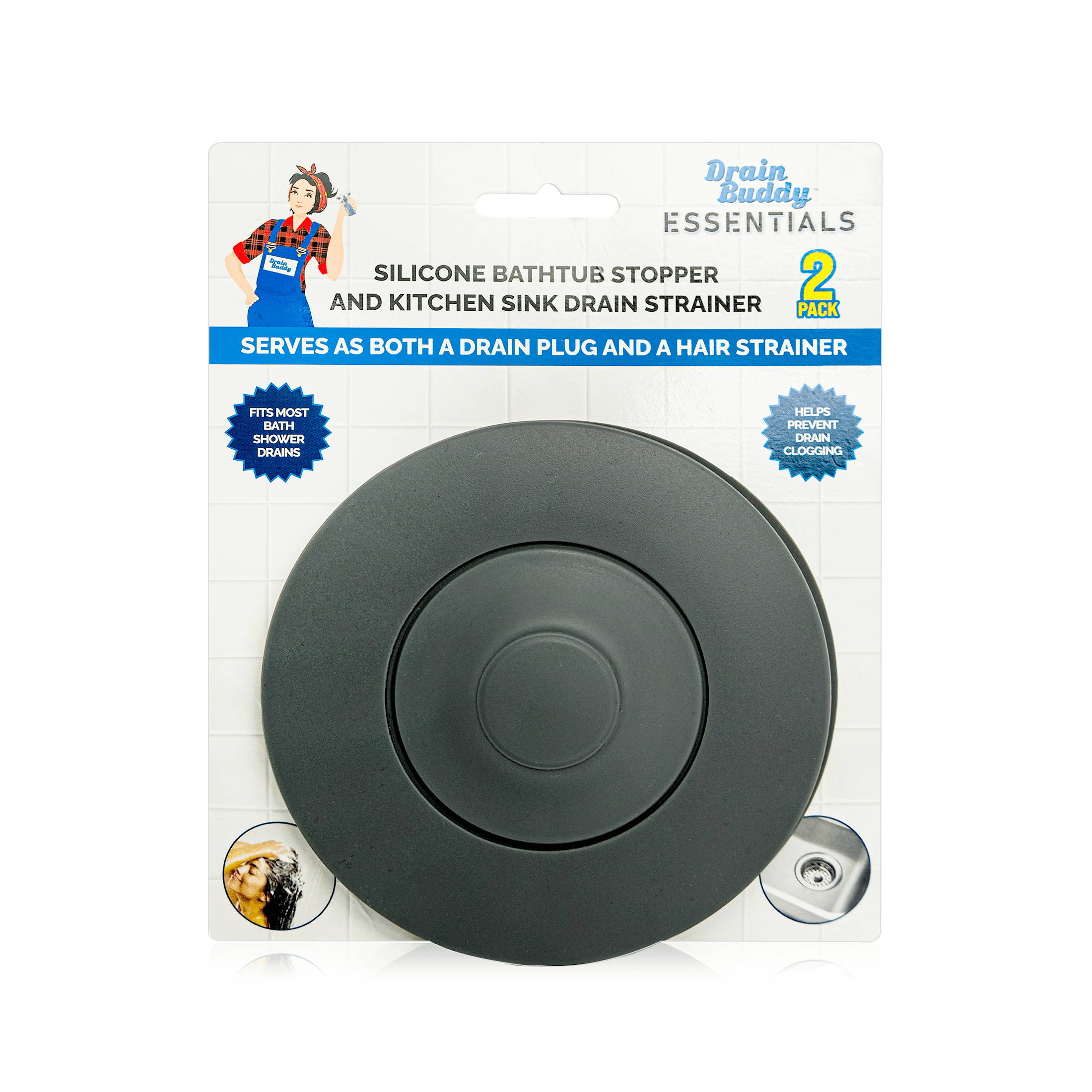 Drain Buddy Silicone Bathroom Drain Stopper and Hair Catcher (Grey, 2 Pack) 17czs