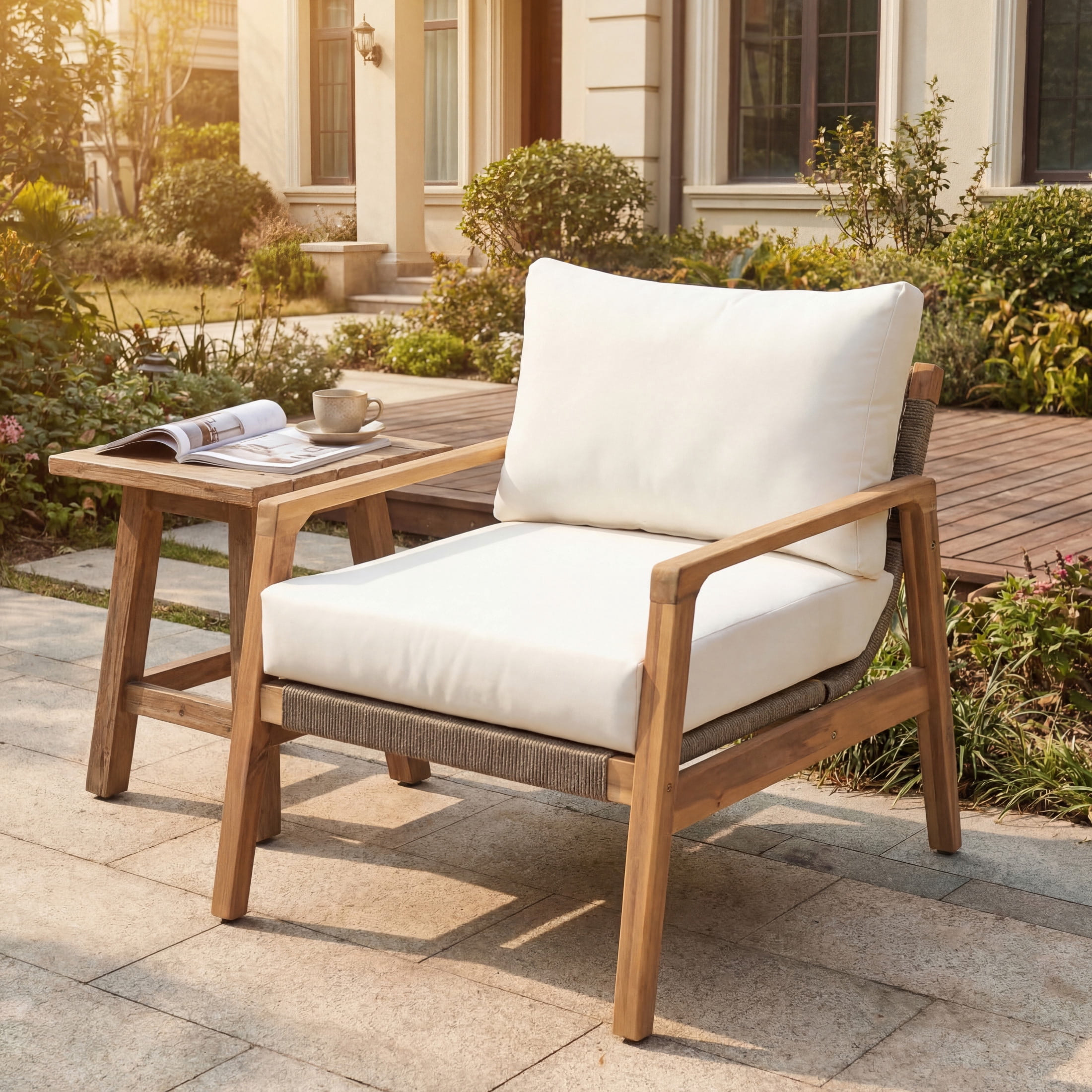 Christopher Knight Home Rustic Outdoor Acacia Wood Club Chair with Curved Rope Back (White, 31.89 in D x 27.17 in W x 27.17 in H) o25g5