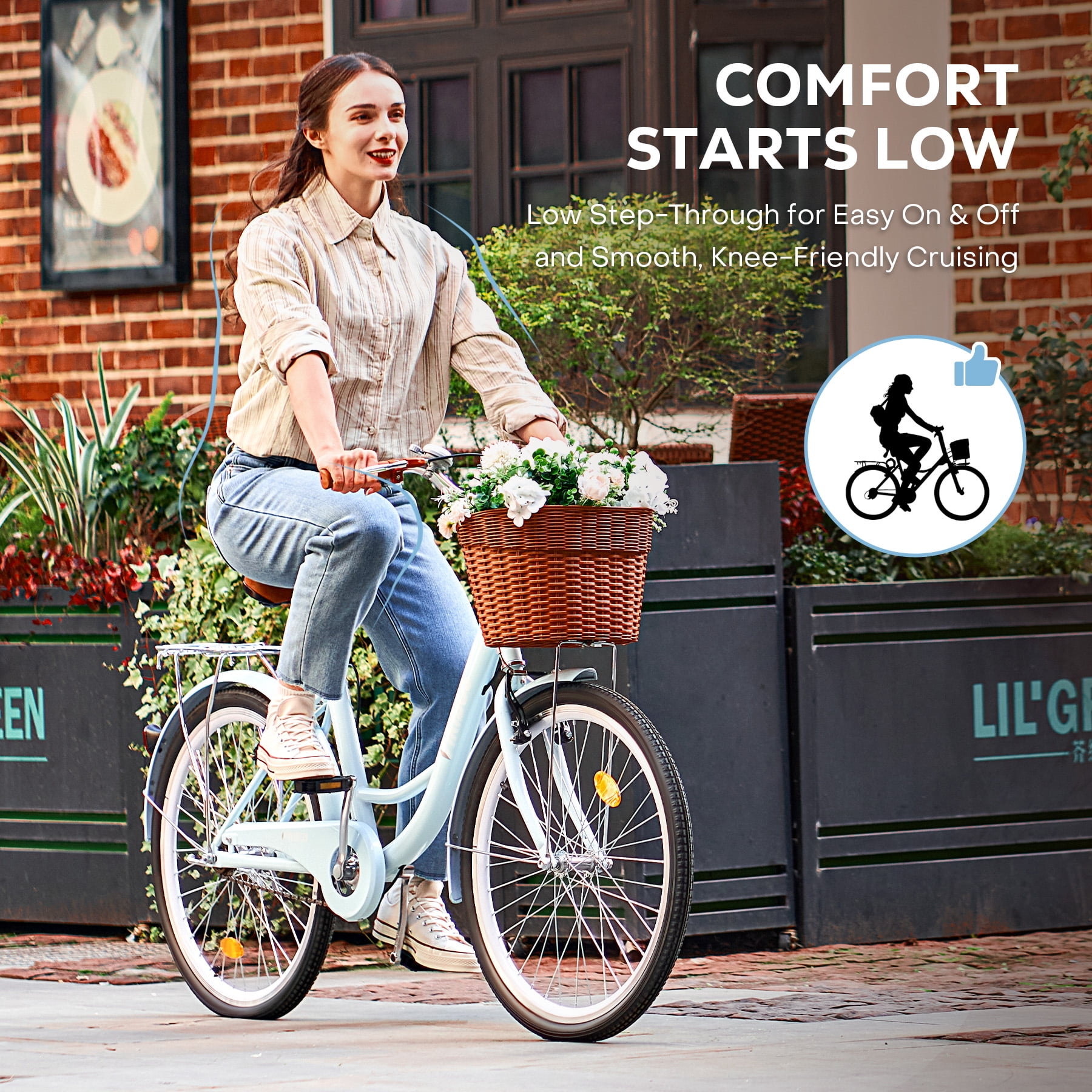 Viribus 24-inch Women's City Cruiser Bicycle with Carbon Steel Frame and Basket (Blue, 24 in) snlr2