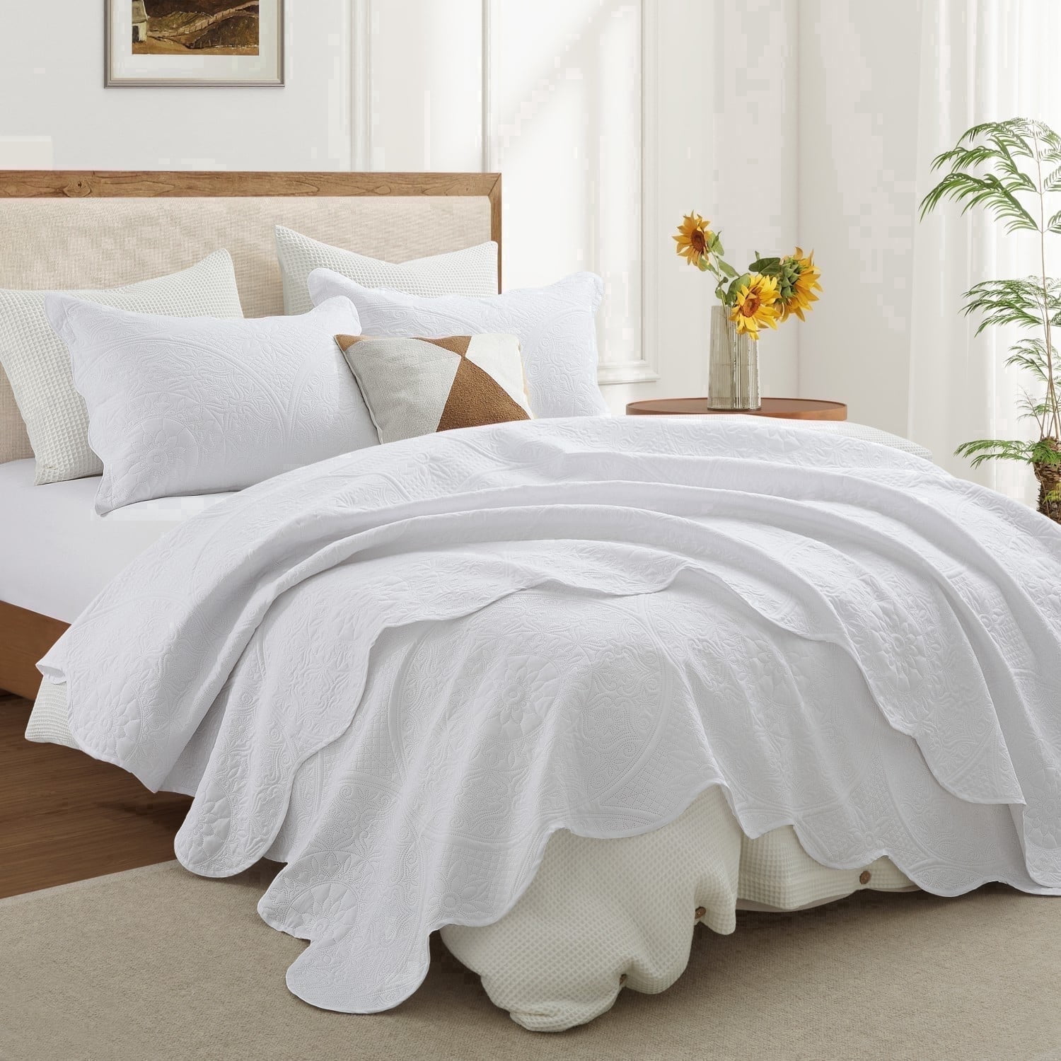Ameha 3-Piece Quilt Set Embossed Floral Microfiber Bedspread (White, Queen Size) ia7b4