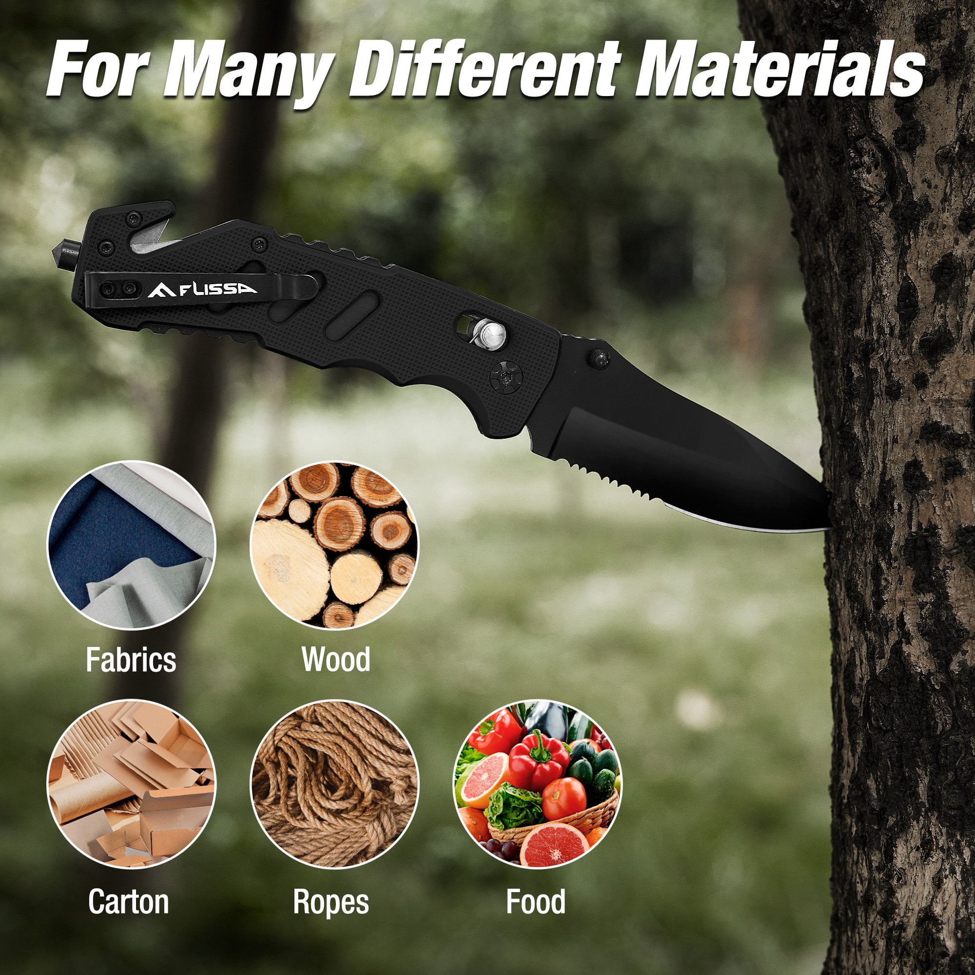 FLISSA Folding Pocket Knife with Glass Breaker and Seatbelt Cutter (Black, 3.5 in) ncwqy