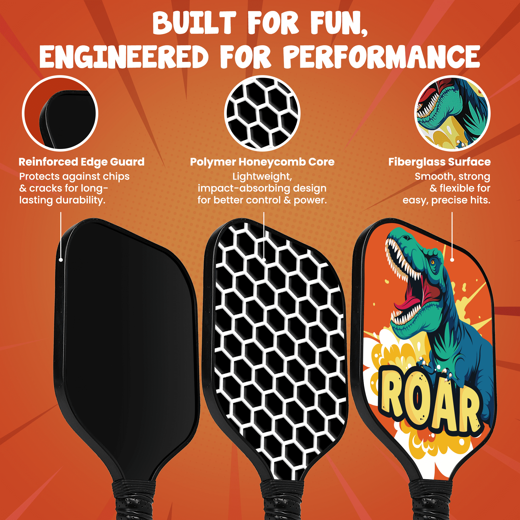 Dany x Kevin Kids Pickleball Paddle Fiberglass Lightweight Beginner Racket (Dinosaur, 0.37 lb) 3gc8u