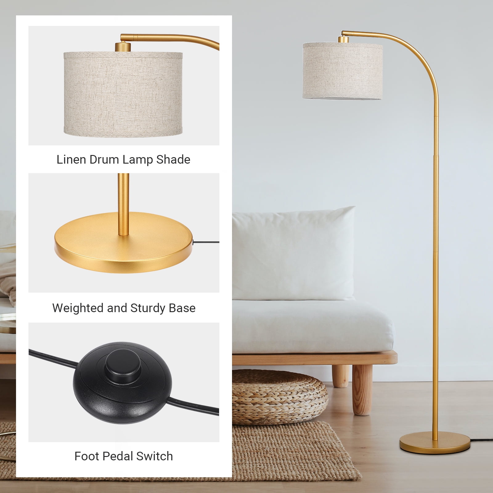 DEWENWILS Modern Arc Floor Lamp, Adjustable Gold Metal Standing Lamp with Foot Switch for Living Room and Bedroom (Gold, 63.4 in) 2eain
