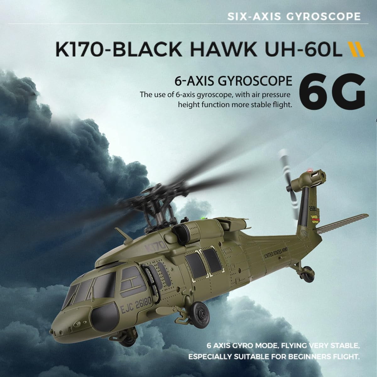 Bruce & Shark RC Helicopter K170 Black Hawk UH-60L 4CH Flybarless Remote Control Aircraft (Black, 10.2 in Rotor) mewcm