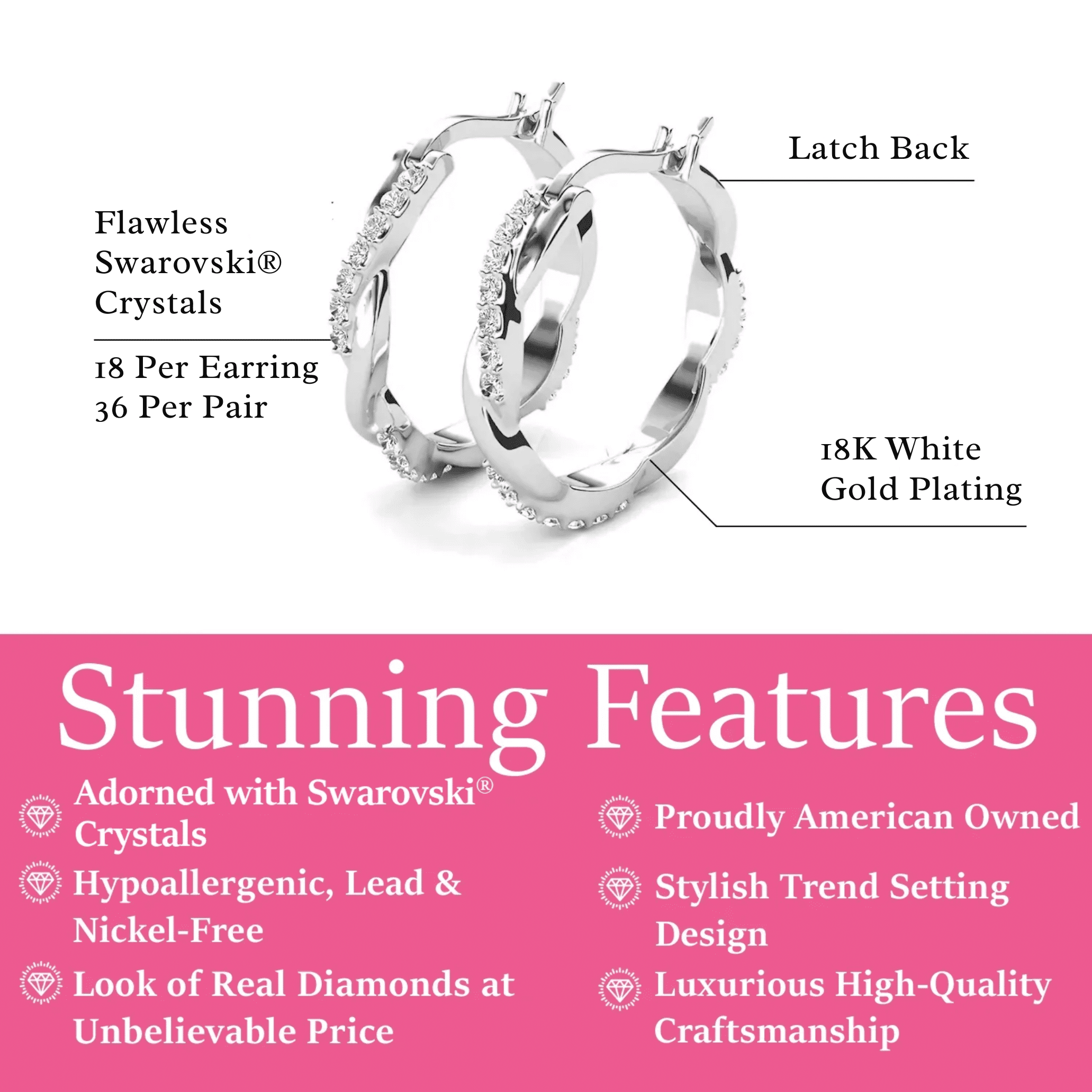 Cate & Chloe Lauren 18k White Gold Plated Hoop Earrings with Swarovski Crystals (White, 0.87 in) 4db6j