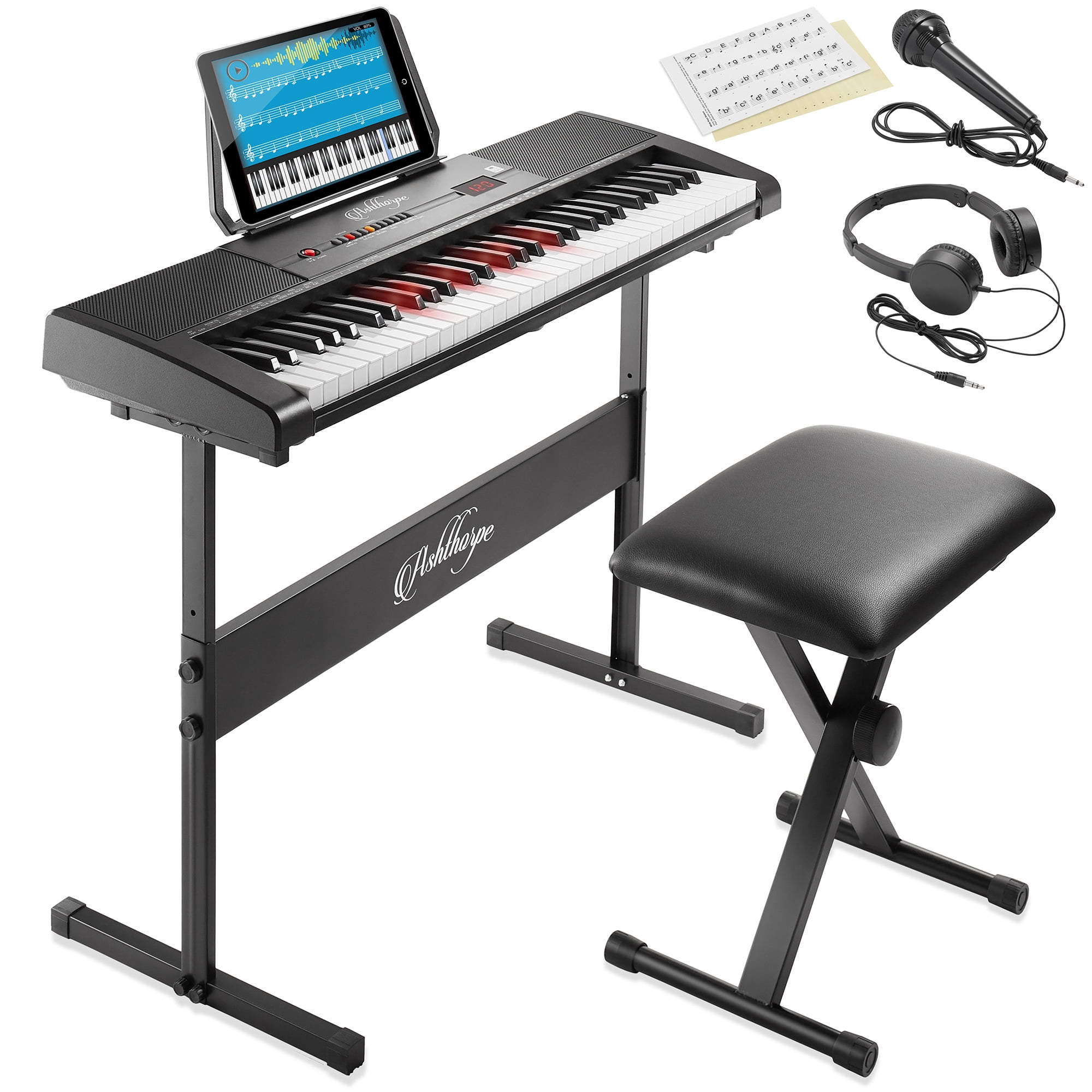 Ashthorpe 61-Key Digital Electronic Keyboard Piano with Light Up Keys, Beginner Kit with Stand and Stool (Black, 35.75 in x 10.25 in x 3 in) ddr9p