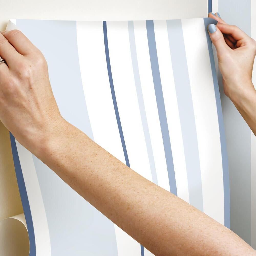 RoomMates Stripes Peel and Stick Wallpaper, Removable Self-Adhesive Wall Decor (Blue, 20.5 in x 16.5 ft) 6ei4f