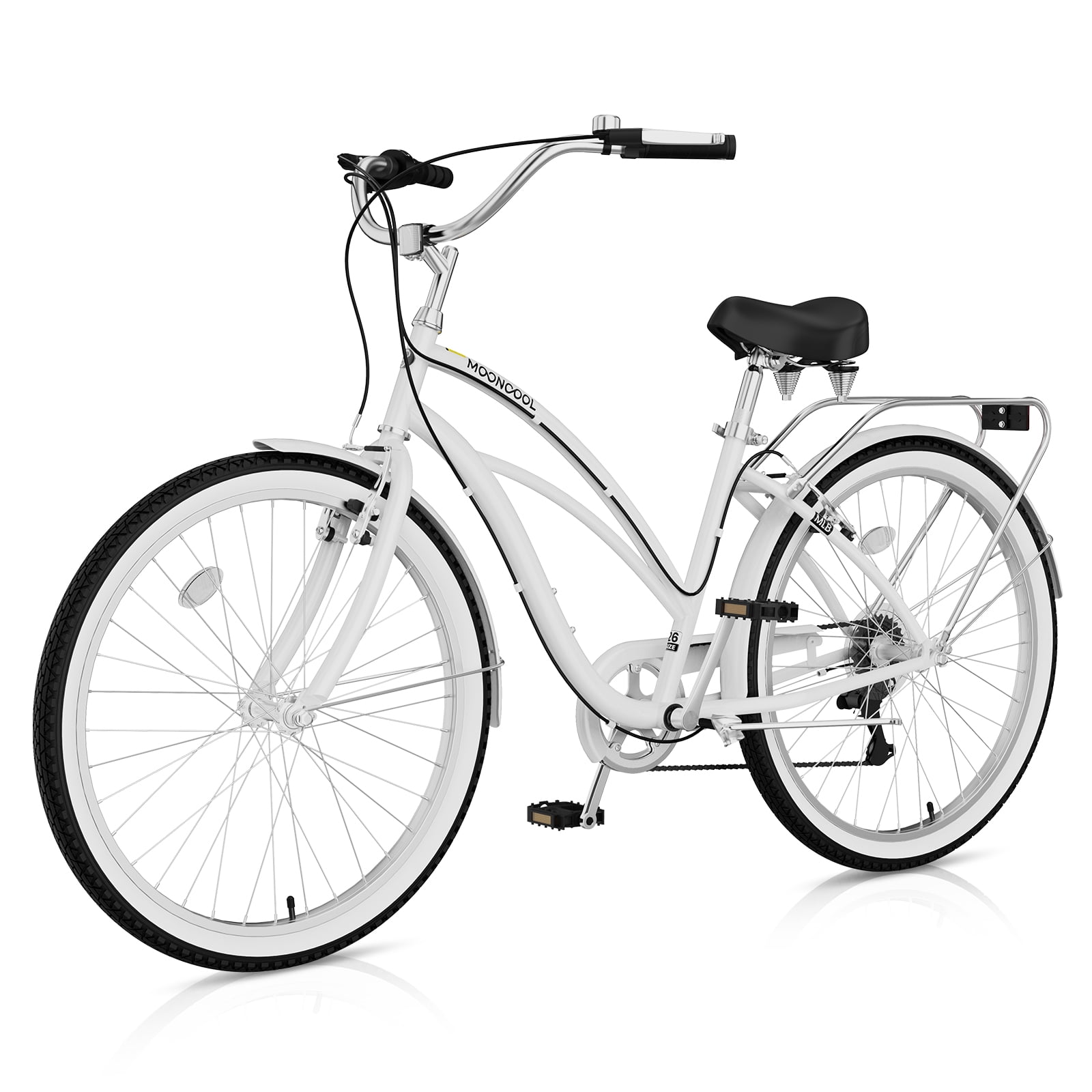 MOONCOOL 7-Speed Beach Cruiser Bike, Step-Through Frame Commuter Bicycle with Cargo Rack (White, 26 in) 89y2i