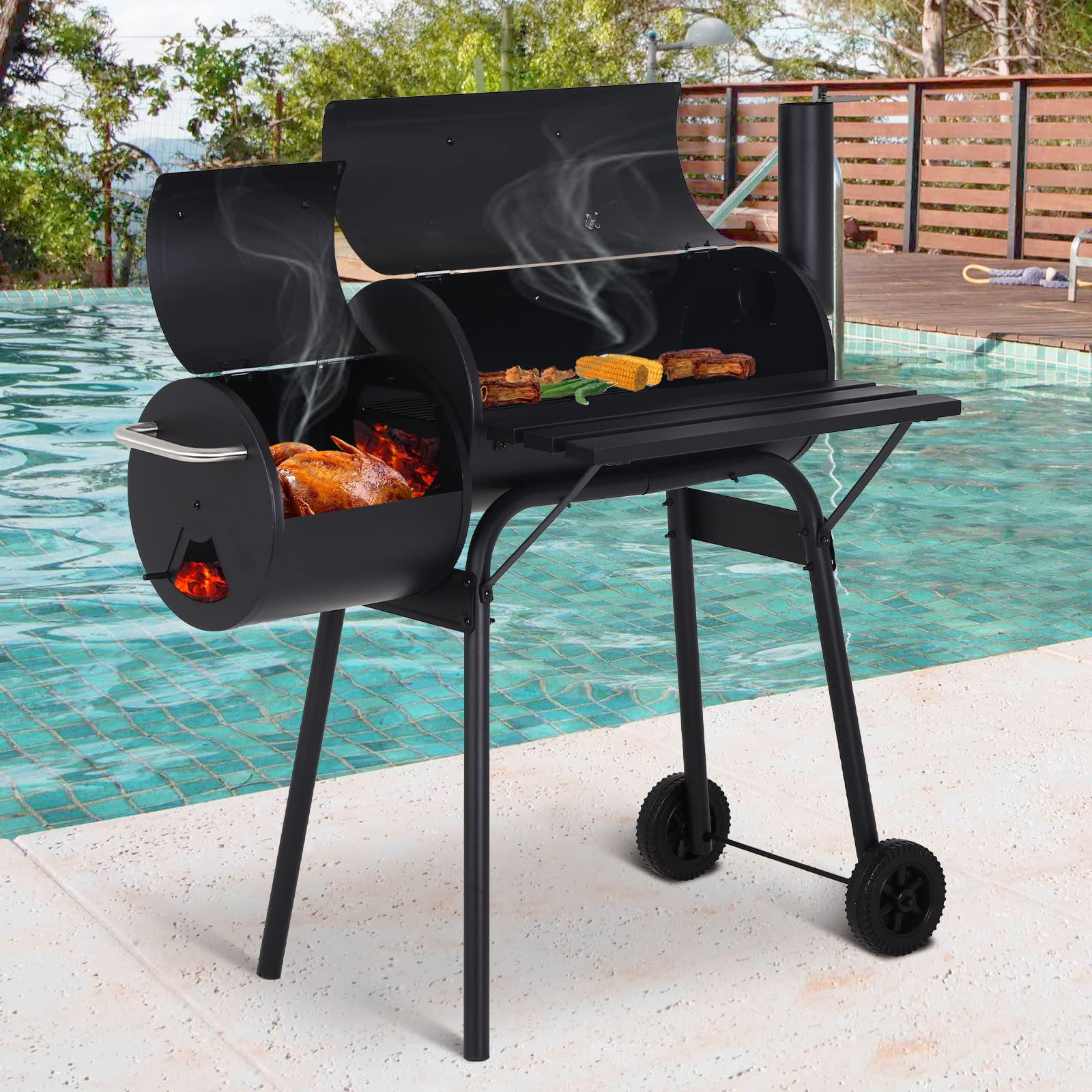 NiamVelo Charcoal Grill Offset Smoker with Cover, Portable Outdoor BBQ Grill for Backyard Camping (Black, 43.3 in x 24 in x 44.5 in) bjag9