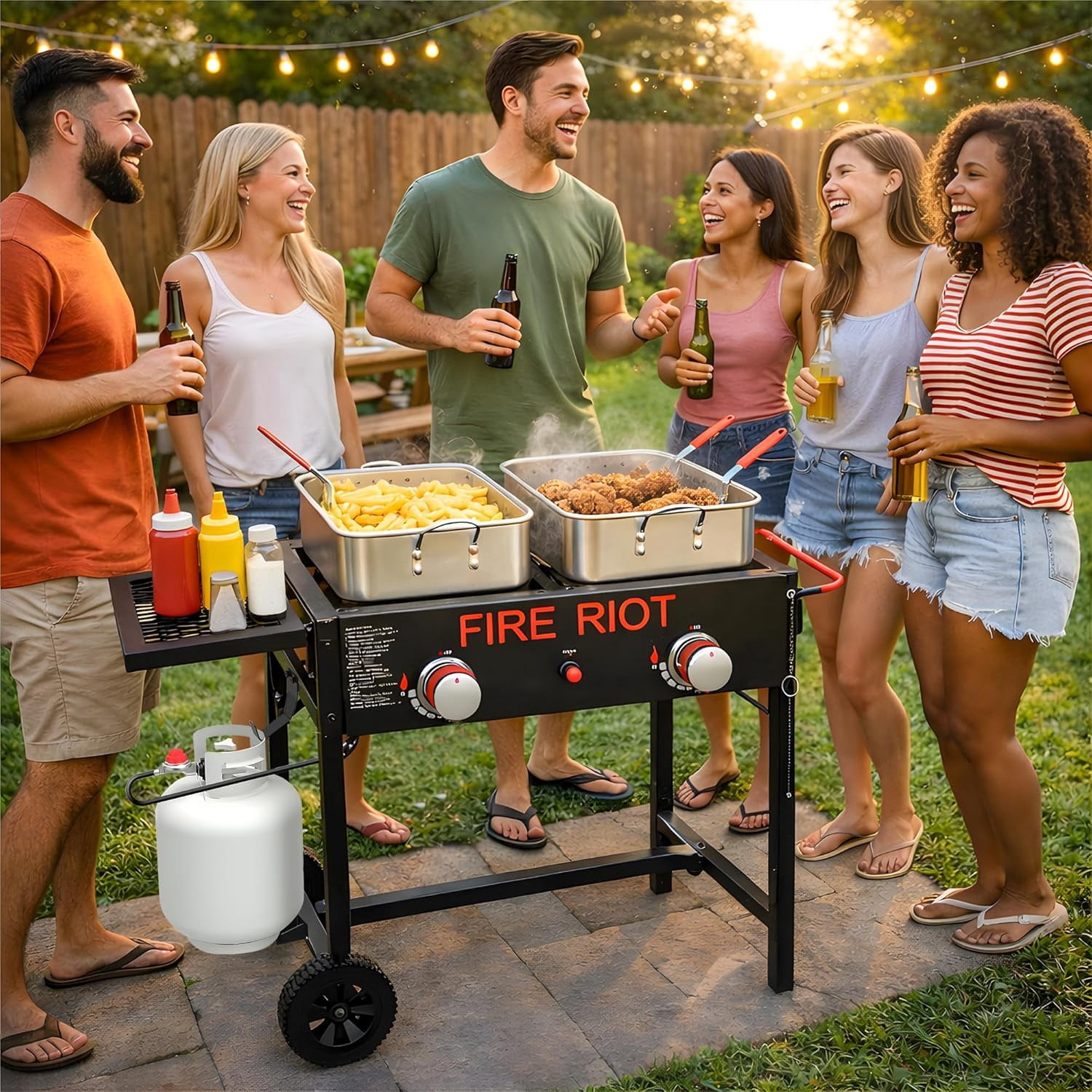 FIRE RIOT Double Burner Outdoor Propane Deep Fryer, Commercial Grade High-Power Cooker with (2) 18 qt Aluminum Pots and Baskets (Black) z7ckb