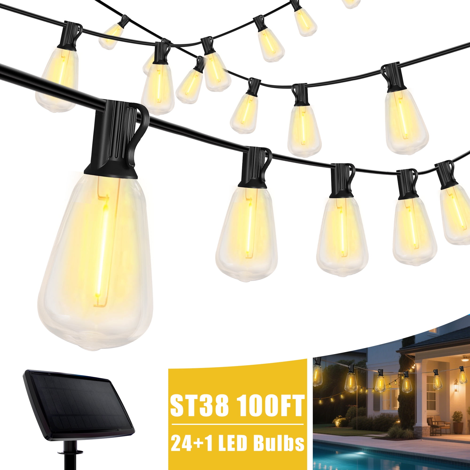 DAYBETTER Solar String Lights Outdoor, Waterproof LED Hanging Lights with 24 Shatterproof Bulbs, Dimmable (Warm White, 100 ft) 6tzjz