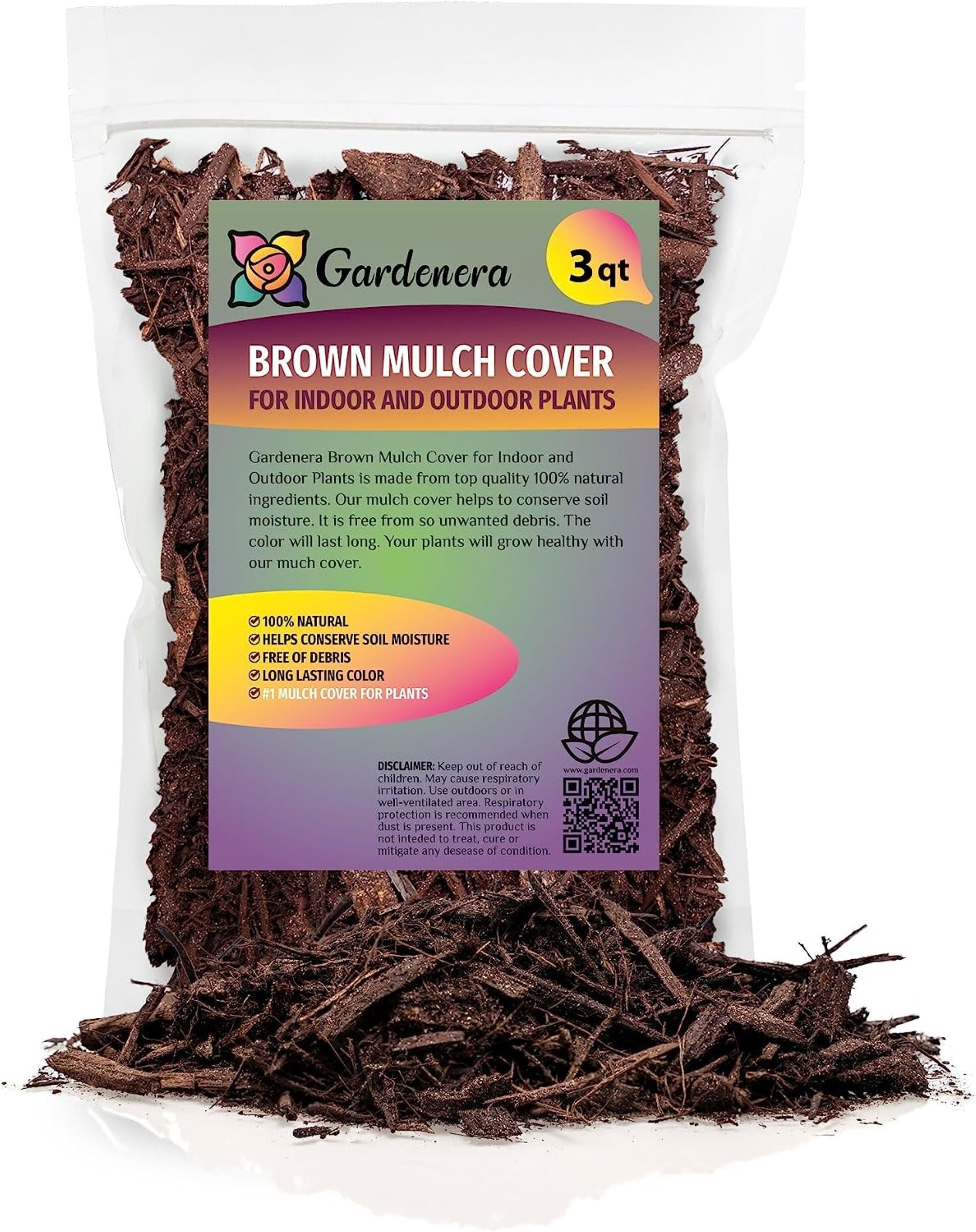 Gardenera Brown Mulch for Indoor and Outdoor Plants, Moisture-Retaining Garden Soil Cover (Brown, 3 Quarts) q3lxp