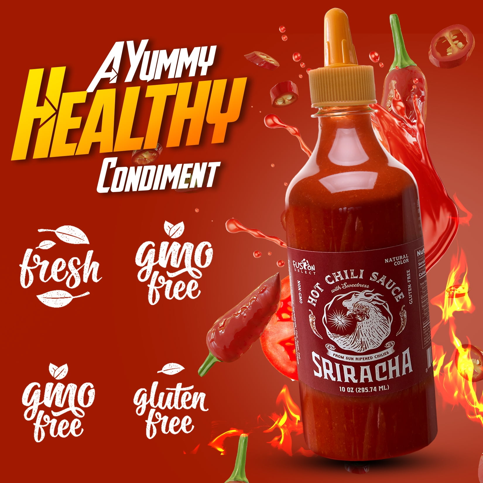 Fusion Select Sriracha Hot Sauce, Gourmet Spicy & Sweet Chili Seasoning for Cooking and Grilling (10 oz) y4414