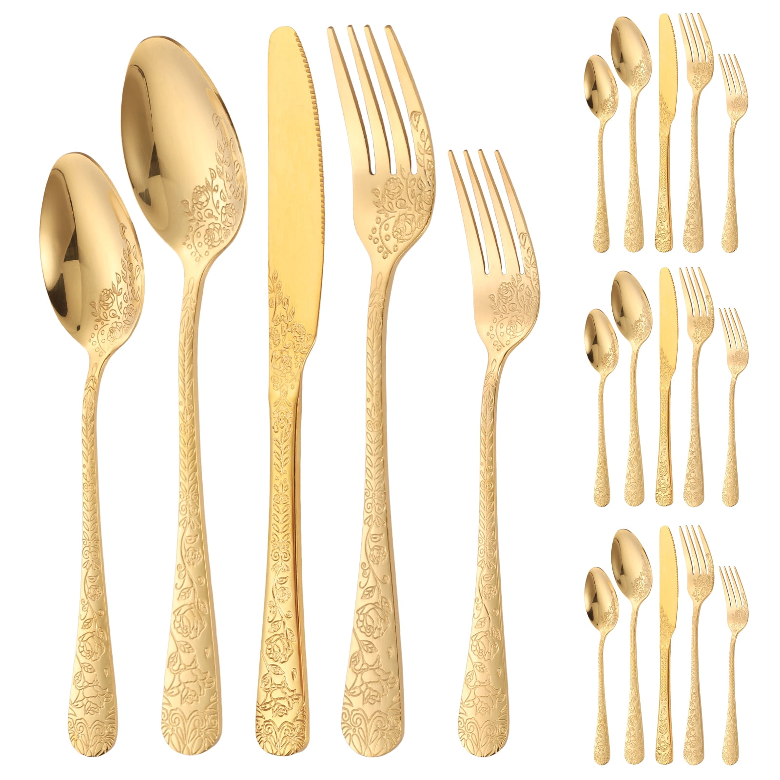 Jetcloudlive 20-Piece Floral Stainless Steel Flatware Set, Vintage Mirror Polished Cutlery for 4 (Gold, 20-Piece) 7d3kh