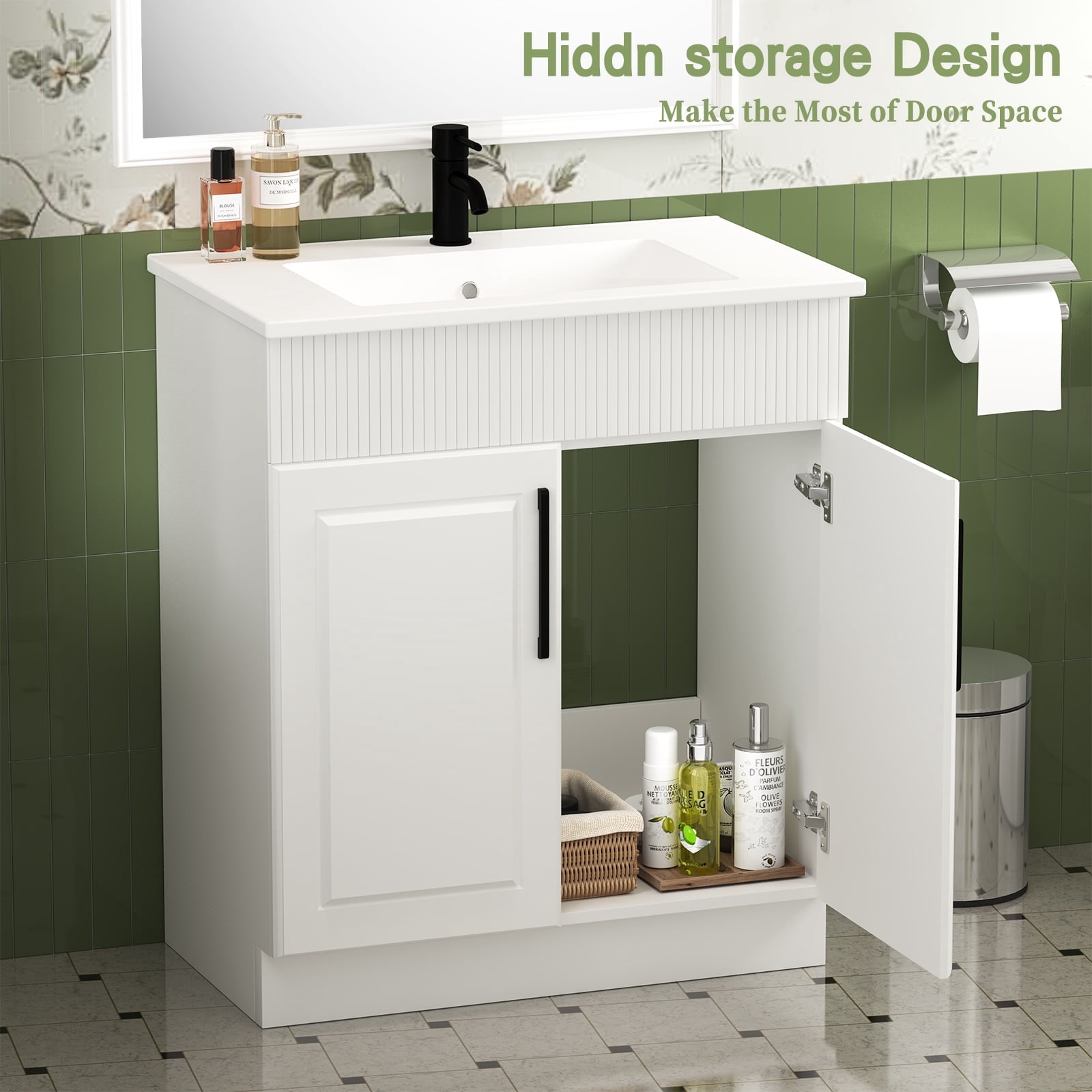 DodreHome 30 in Bathroom Vanity with Sink, Freestanding Modern Cabinet with 2 Soft-Closing Doors, Wave-Pattern Fluted Design (White) v4us6