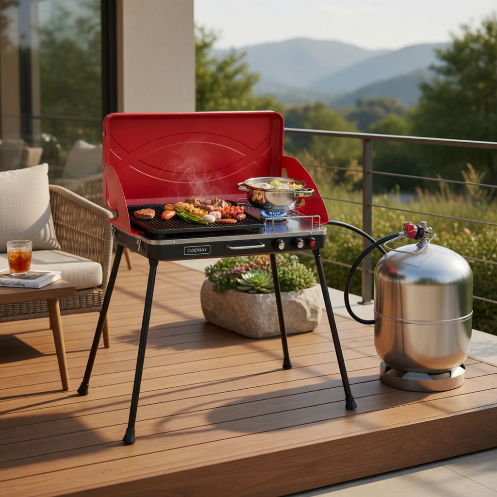 Resenkos 2-in-1 Portable Gas Camping Grill and Stove (Red, 23 in x 11.5 in x 8.5 in) bg87i
