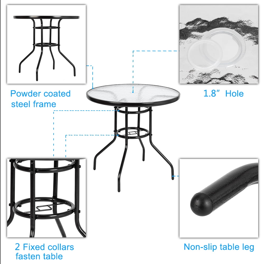 Seizeen Outdoor Patio Dining Table, Round Metal Frame with Glass Top and Umbrella Hole (Black, 30 in) gzjkk