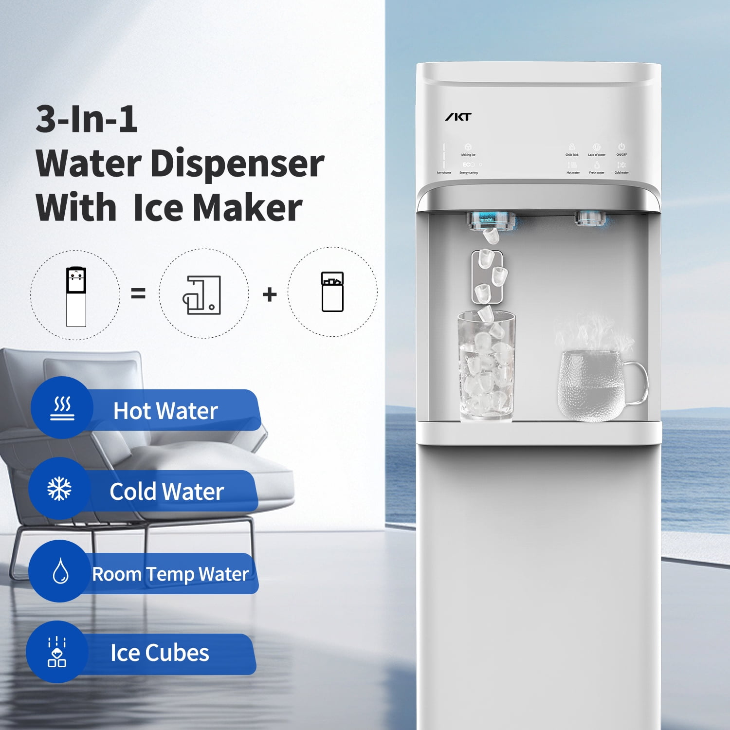 IKT Bottom Loading Water Dispenser with Built-in Ice Maker (White, 22 lb Daily Ice Capacity) jsg0k