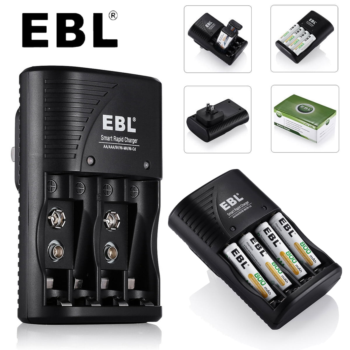 EBL Smart Battery Charger for AA AAA 9V NiMH NiCD Rechargeable Batteries (Black, 4-Slot) bvngx