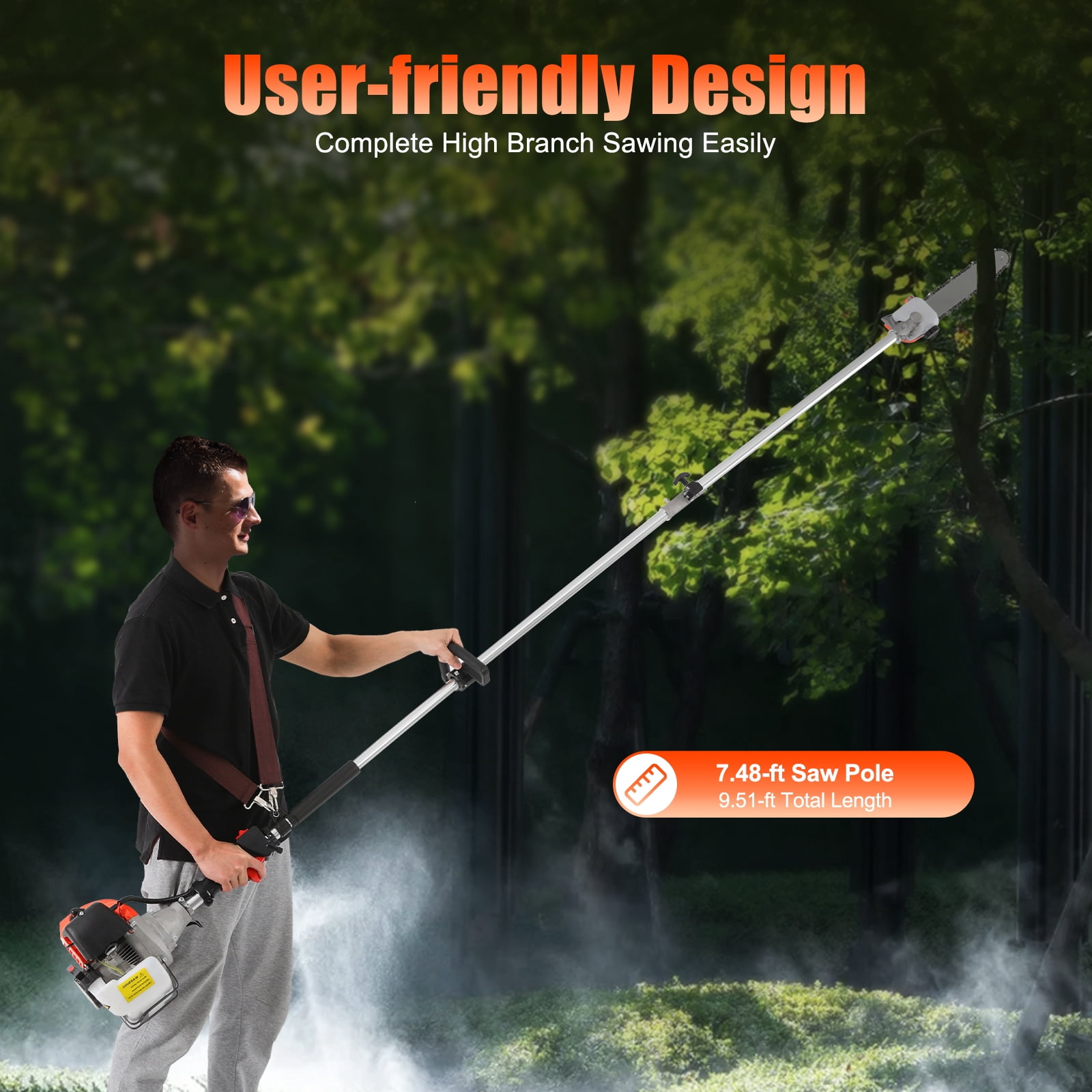 ChicHomey 52CC 2-Stroke Gas Pole Saw Chainsaw, Adjustable Height High Branch Pruner (Orange, 90.55 in) 4ov48