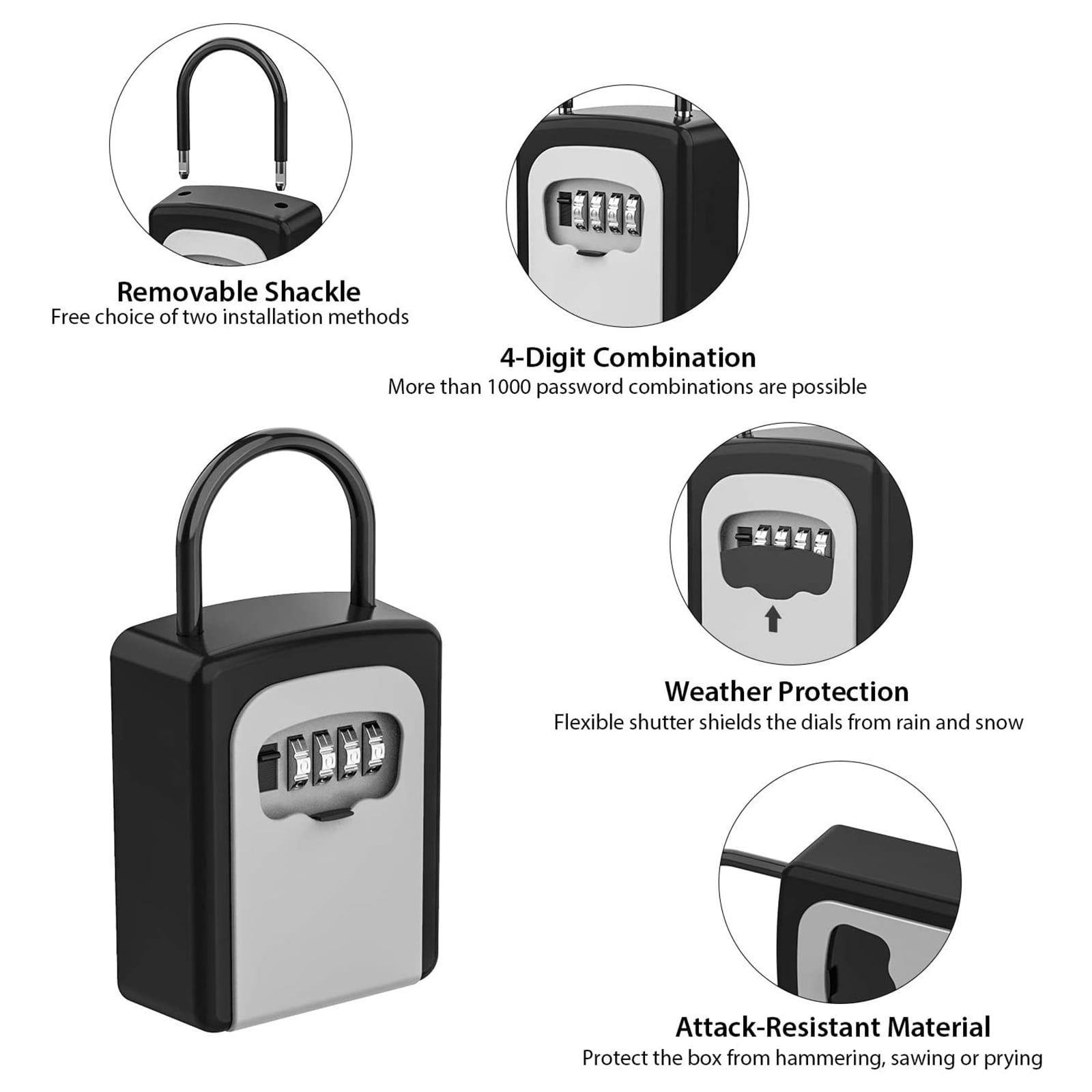 Husfou Key Lock Box Waterproof 4-Digit Combination Security Safe (Black, 5 Key Capacity) 6k1pw