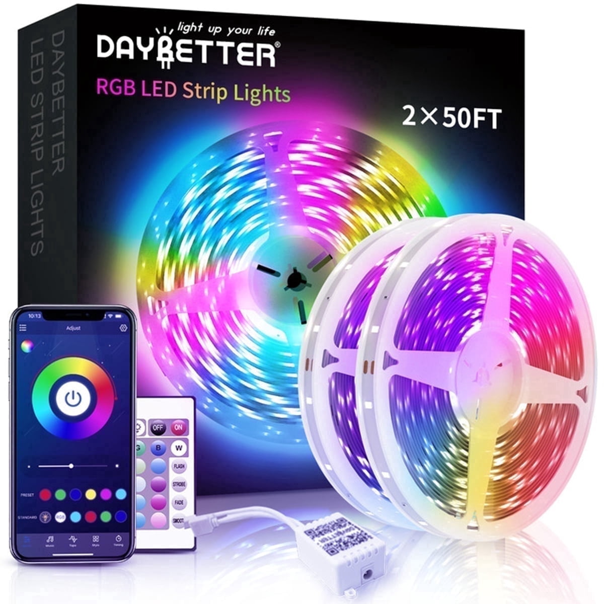 DAYBETTER LED Strip Lights, RGB Color Changing Lights with App and Remote Control, Music Sync for Bedroom and Party Decor (100 ft) awqpl