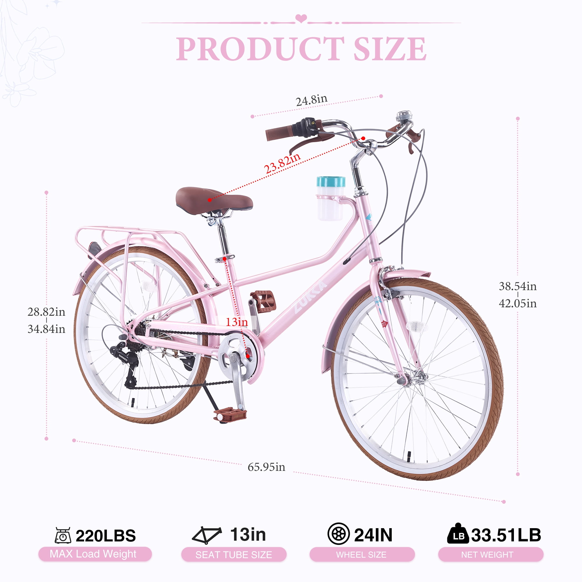 MEGHNA 24-inch Cruiser Bike 6-Speed Steel Frame Commuter Bicycle with Rear Rack and Cup Holder (Pink, 24 in) xhoso