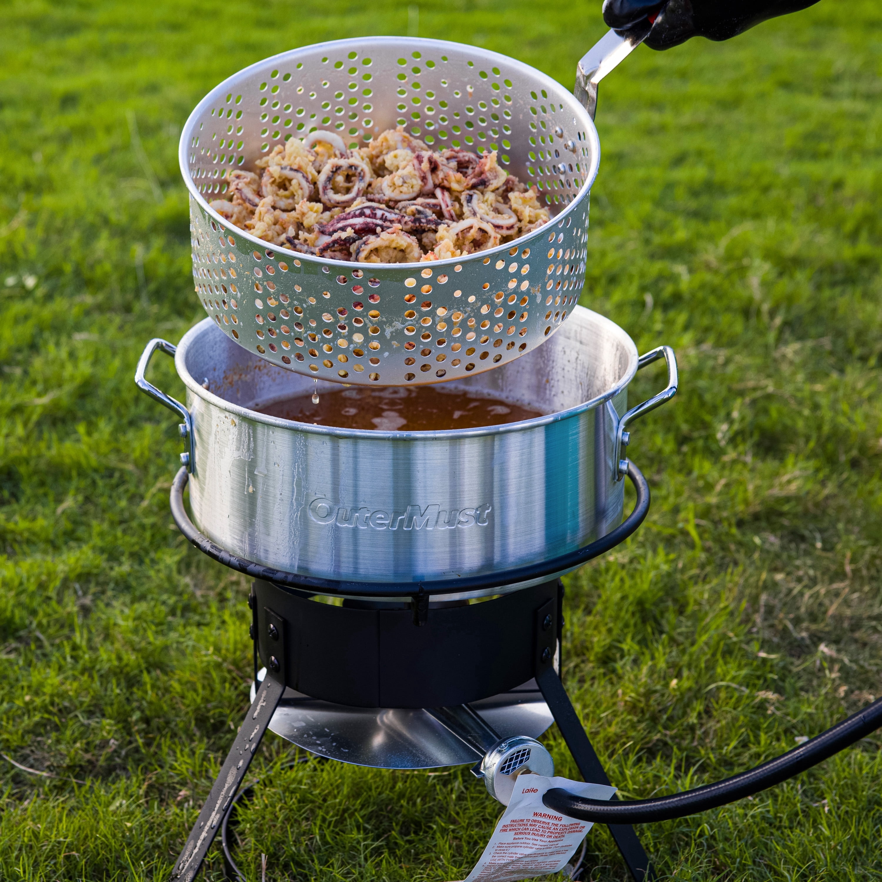 OuterMust Outdoor Deep Fryer Pot with Basket and Thermometer (11 qt, Silver) kmhb4