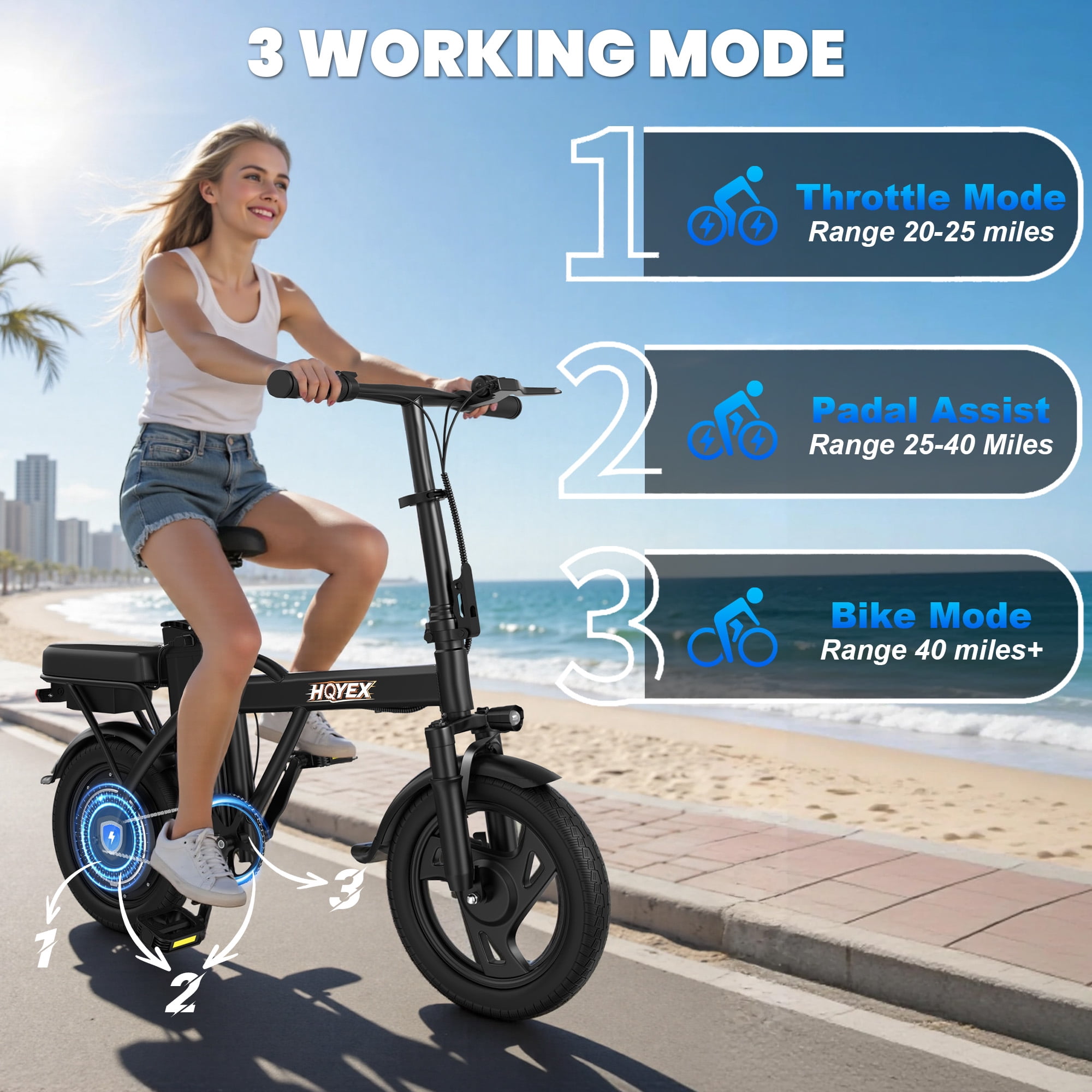 HQYEX HQ14PRO 500W Electric Bicycle, Fat Tire Ebike with 48V 9Ah Battery, 22MPH Max Speed, Dual Brakes & Full Suspension (Black, 14 in) r6hz9