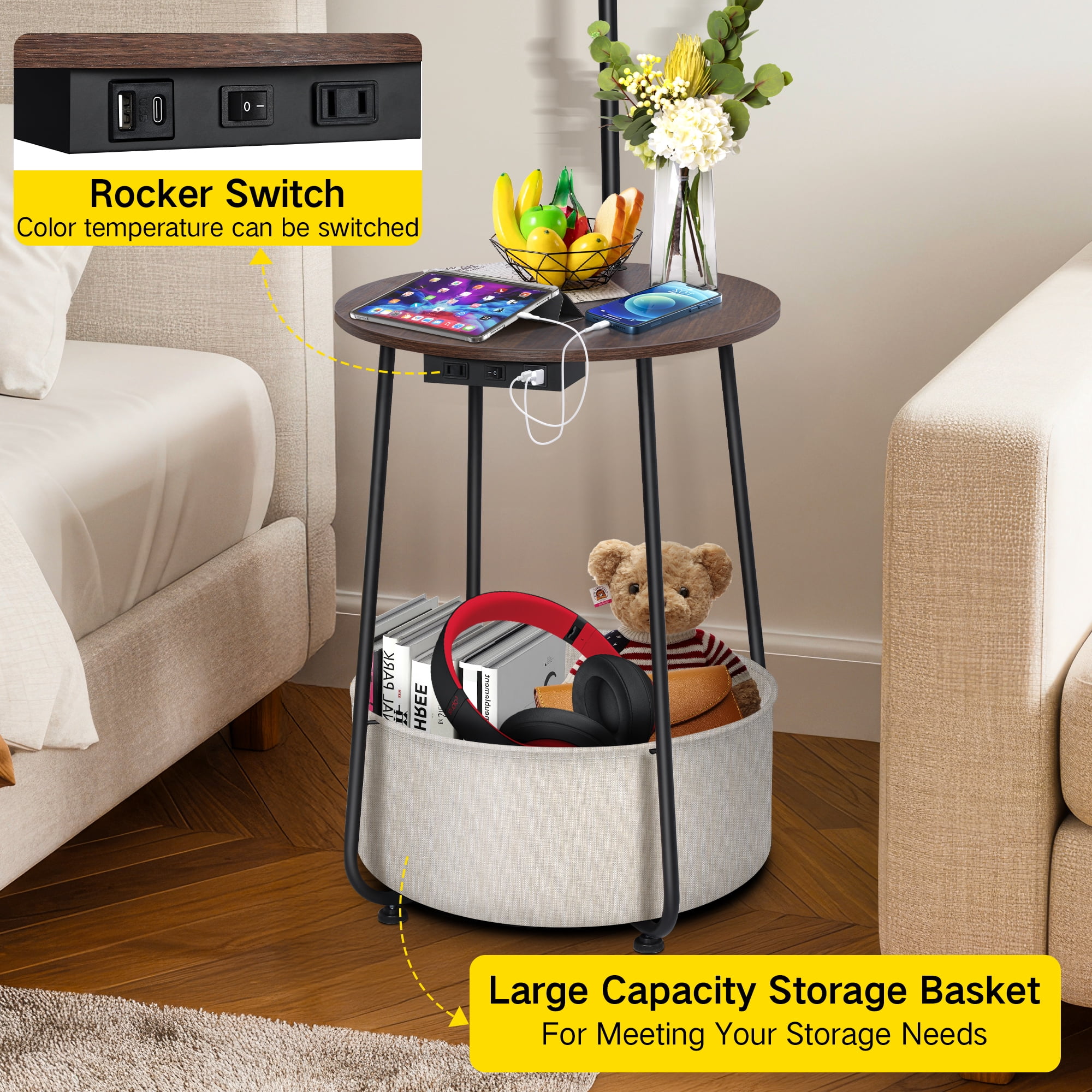Outon Floor Lamp with Side Table, Dimmable LED Standing Lamp with USB-C Charging Port and Storage Shelf (Walnut, 61.4 in) 01dv6