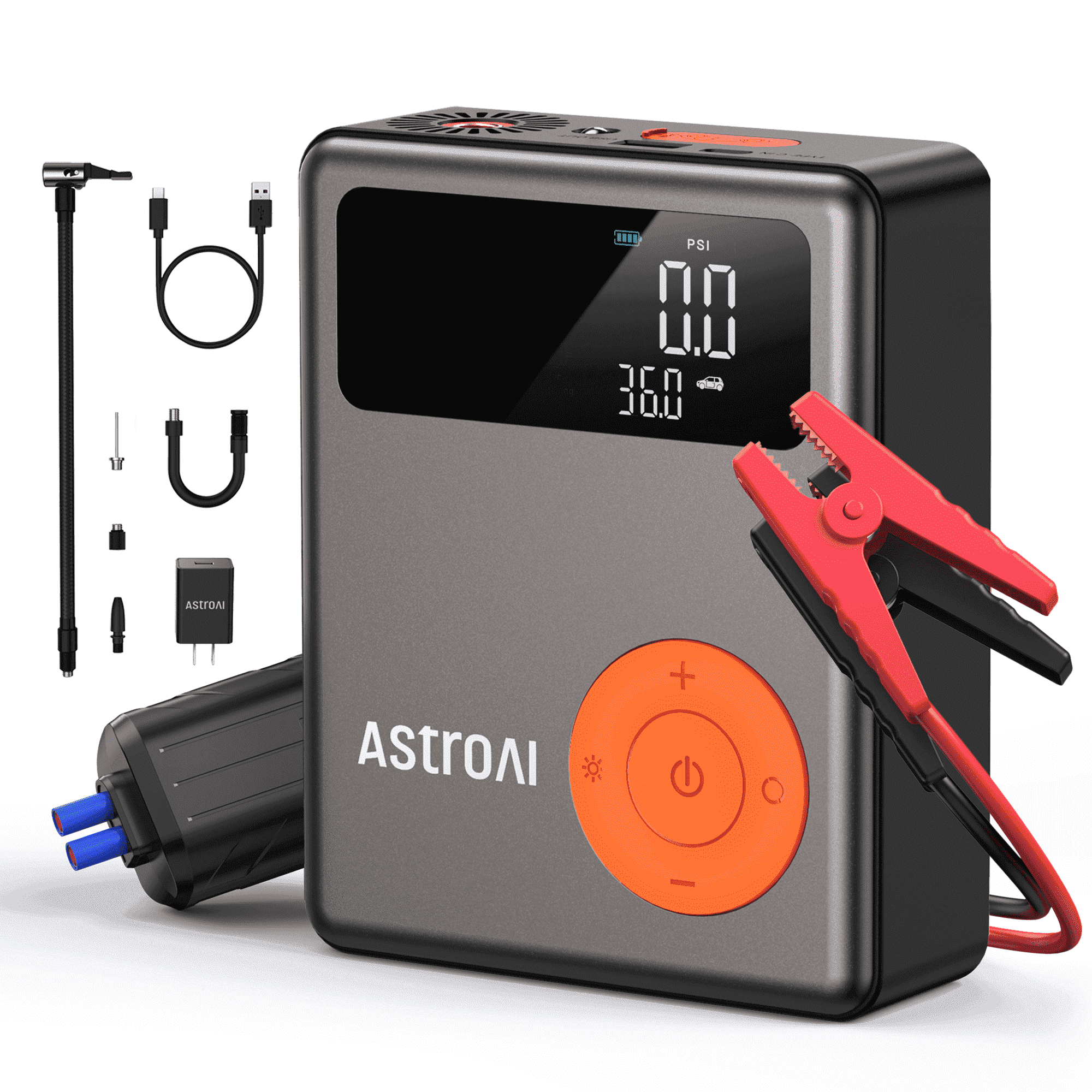AstroAI Portable Jump Starter with Air Compressor, 1750A Peak 12V Battery Booster and Tire Inflator (Orange, 6.1 x 4.9 x 1.9 in) egn80