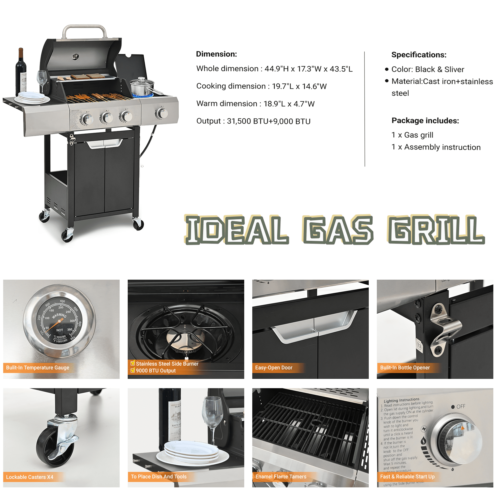 Syngar 3-Burner Propane Gas Grill with Side Burner, 40,500 BTU Outdoor BBQ Grill, Stainless Steel Construction (Silver, 287 sq.in. Cooking Area) wjg2k