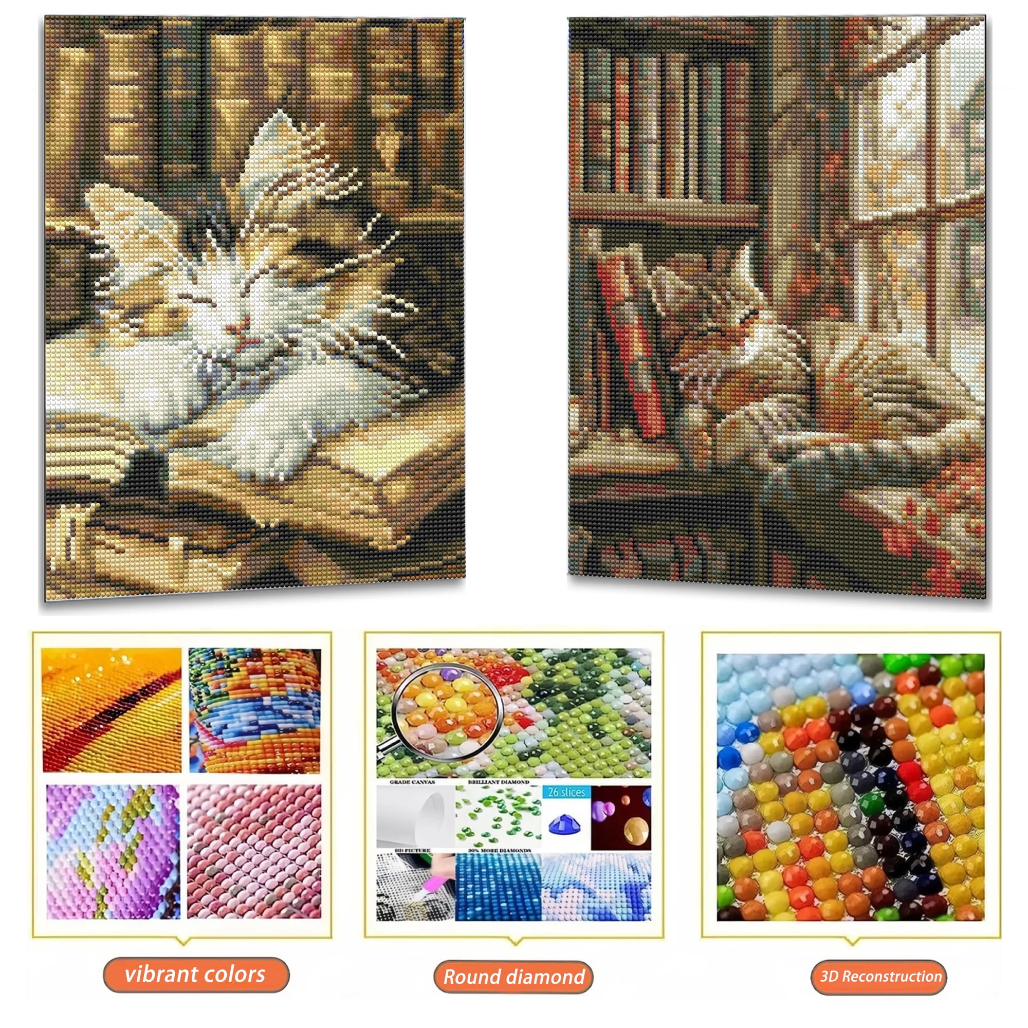 Mosaflare Cat Diamond Painting Art Kit, Full Round Drill DIY Craft Set for Home Decor (2-Pack, 12 in x 16 in) iehqo