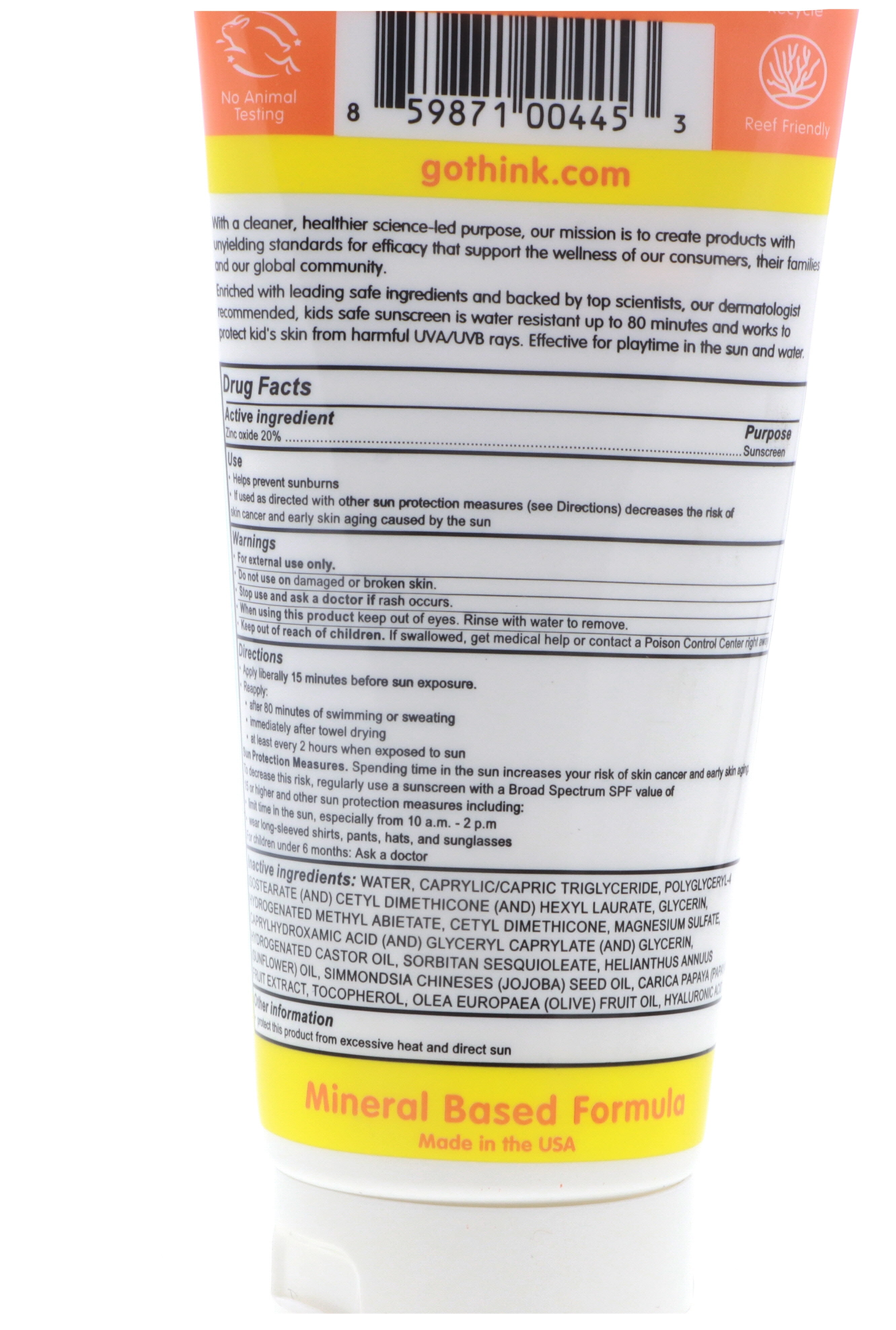 Thinksport Kids Sunscreen SPF 50+ Broad Spectrum Mineral Protection (White, 6 oz) k6539
