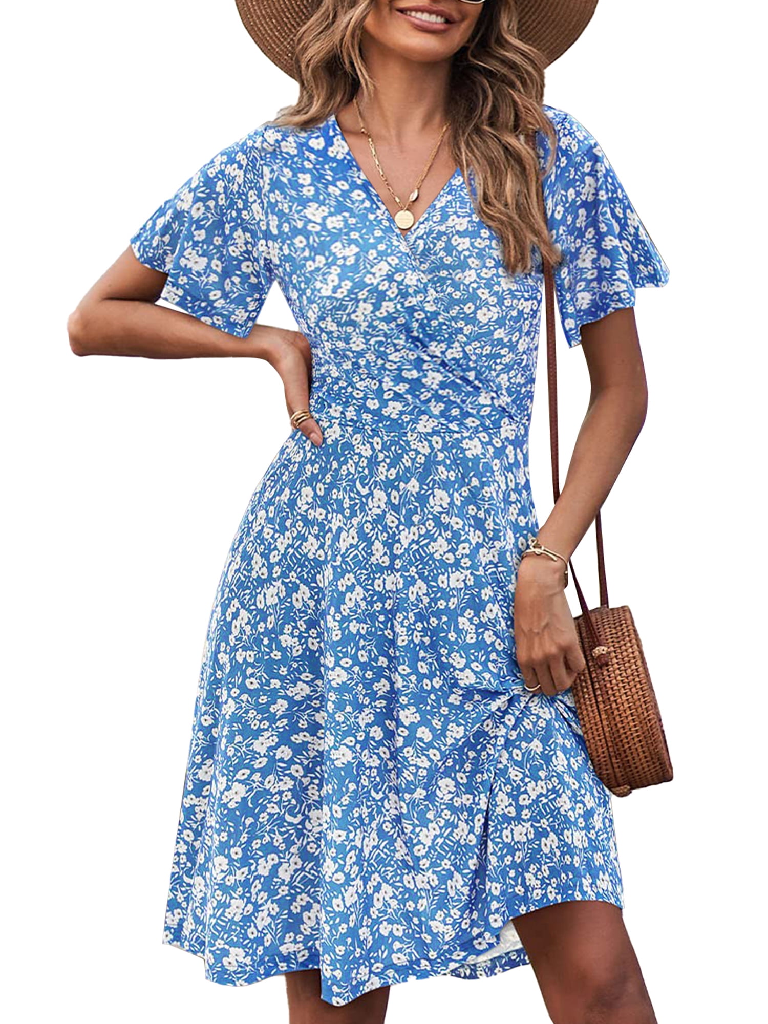 UVN Women's Floral Print Midi Dress V-Neck Short Sleeve A-Line Boho Sundress (Blue, L) no2j3