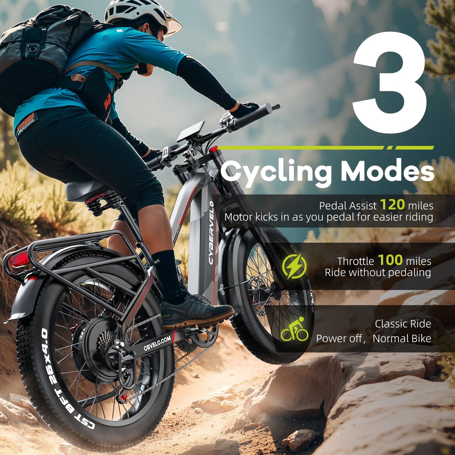 Cyneira Electric Bike, 2000W Fat Tire E-Bike with Full Suspension, Removable 60V 50AH Battery, Rear Rack (Grey, 26 in x 4 in) 35ydq