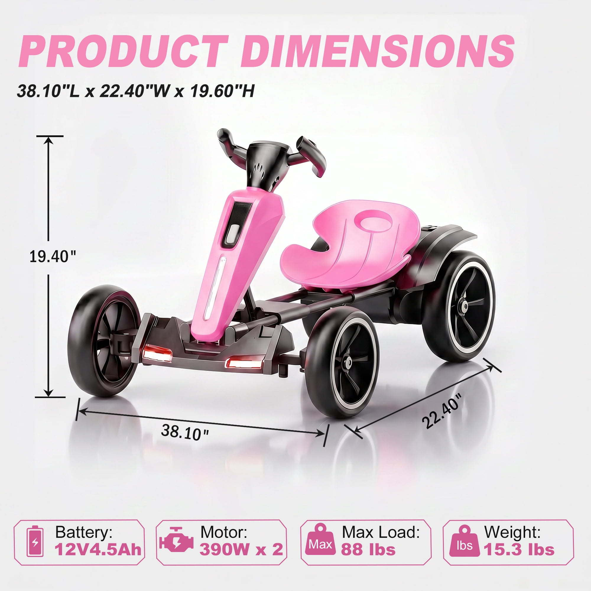 Holaki 12V Electric Go Kart for Kids, Battery Powered Ride-on Toy with LED Lights and EVA Wheels (Pink, 88 lb Capacity) ujaw5