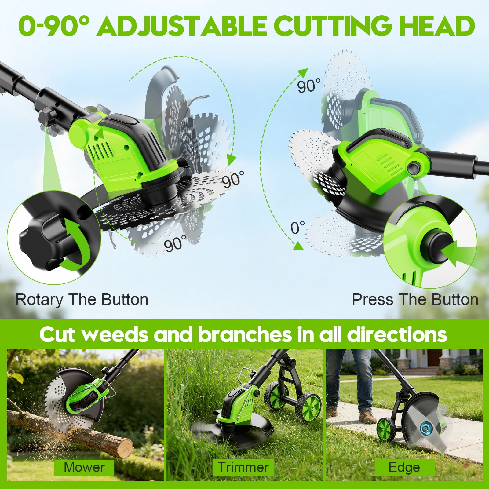 Fovendi Electric Weed Eater, 4-in-1 Cordless Grass Trimmer and Brush Cutter with Wheeled Support (Green, 12 in) 7q6mq