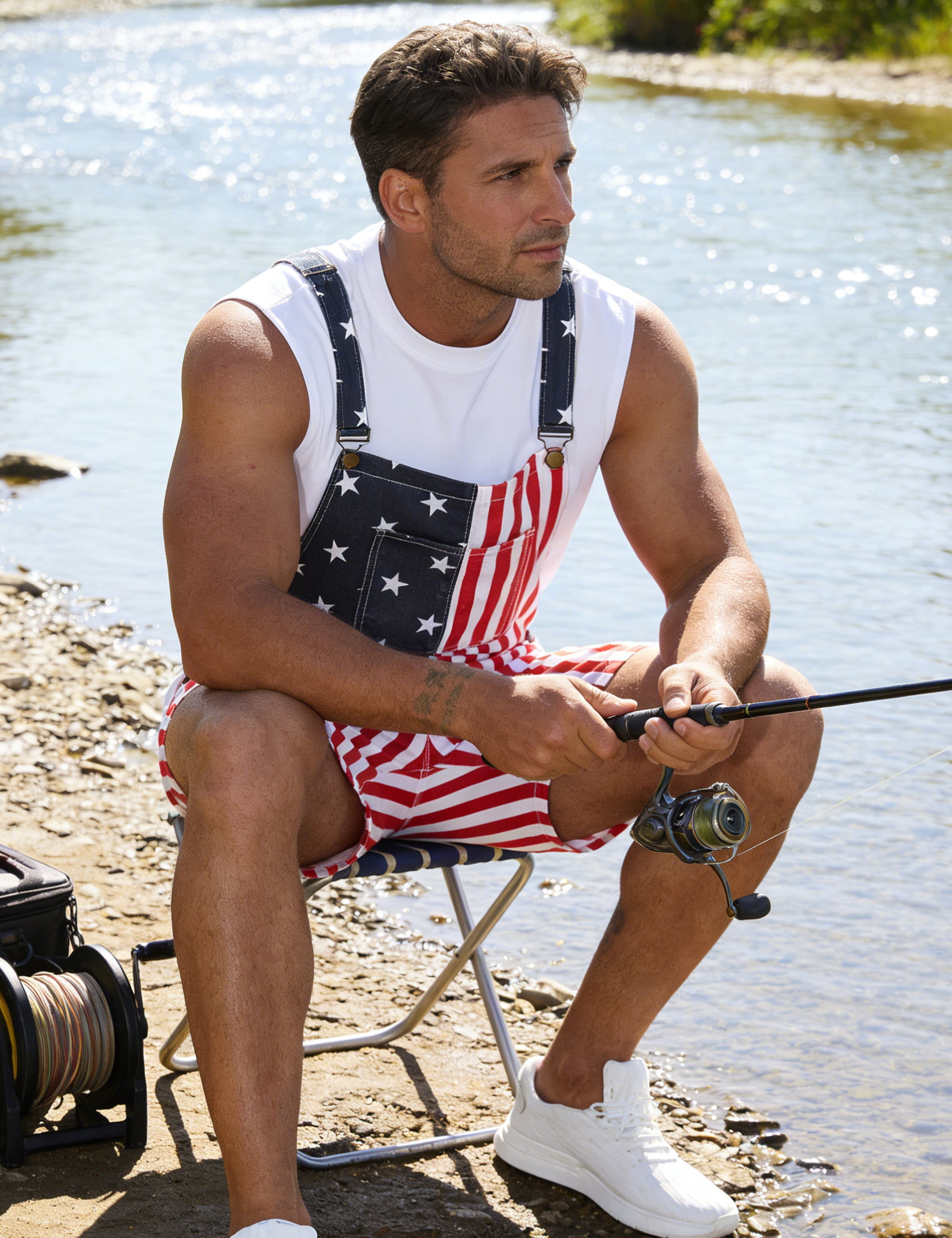 Yuanbang American Flag Denim Bib Overalls Shorts Patriotic Jumpsuit Romper for Men (Red White Blue, XL) gwvmk