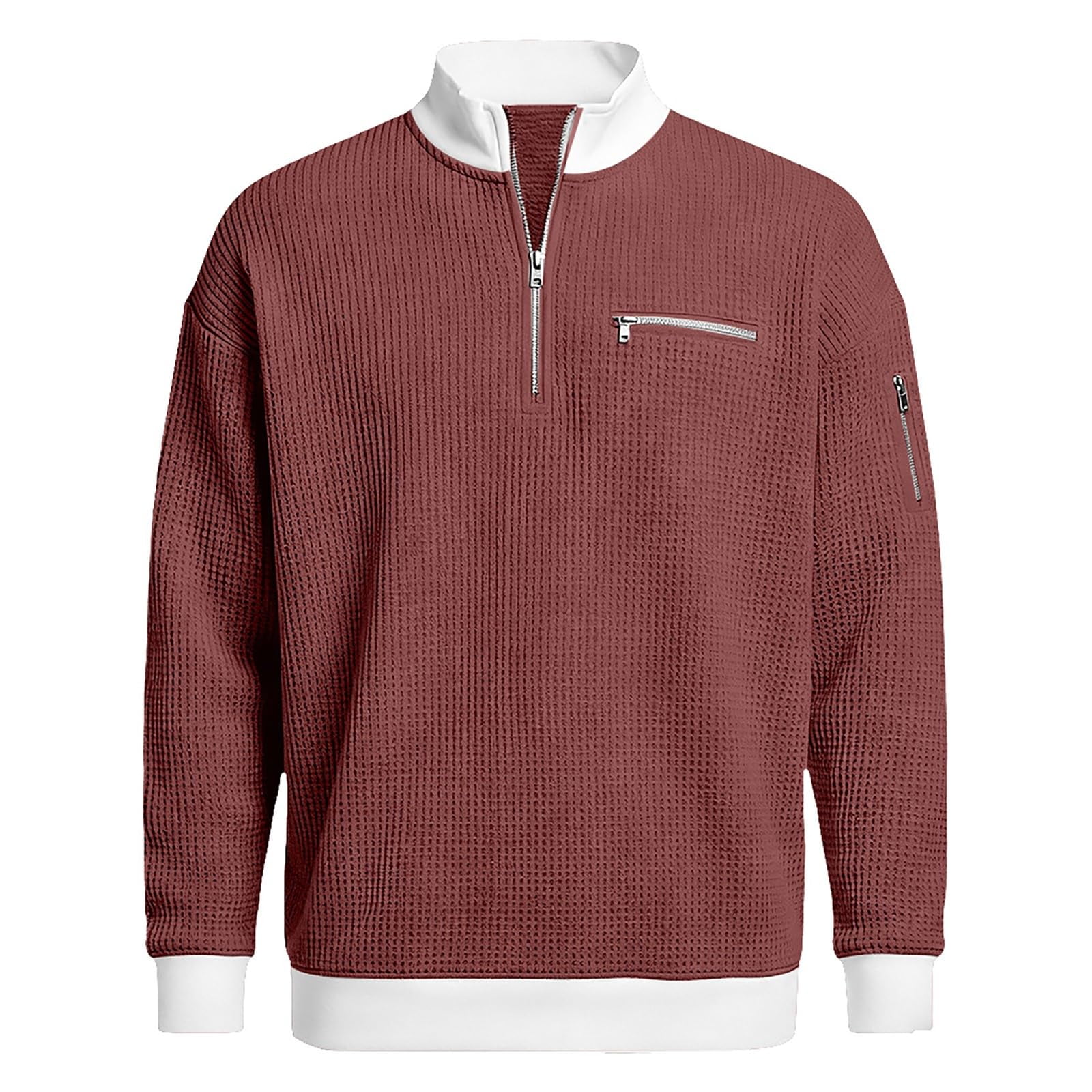 Nokdvo Mens Waffle-Knit Quarter Zip Pullover Long Sleeve Golf Sweatshirt (Wine, L) 63s7n