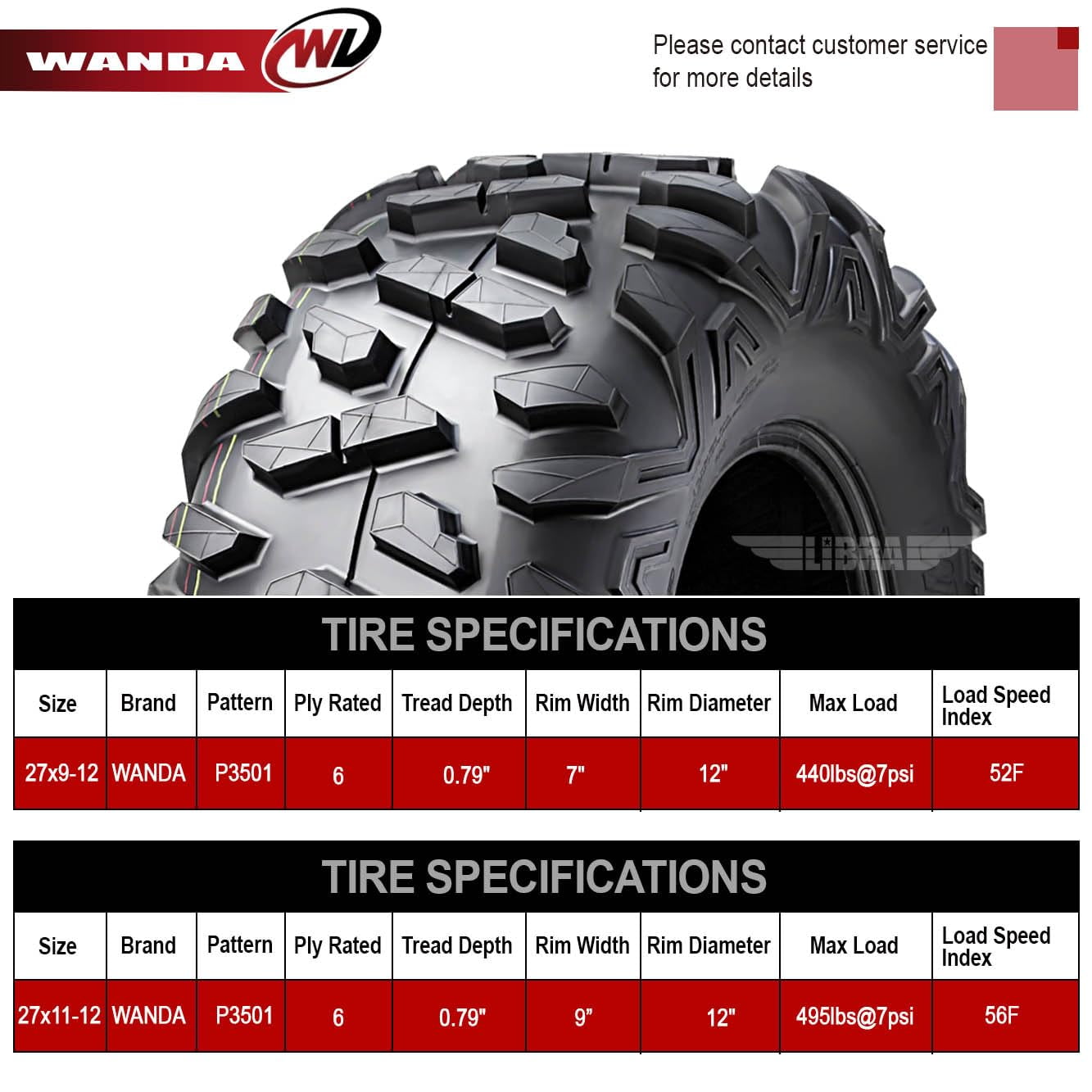 WANDA Set of 4 All-Terrain UTV ATV Tires (27x9-12 Front, 27x11-12 Rear, 6PR) sy60e