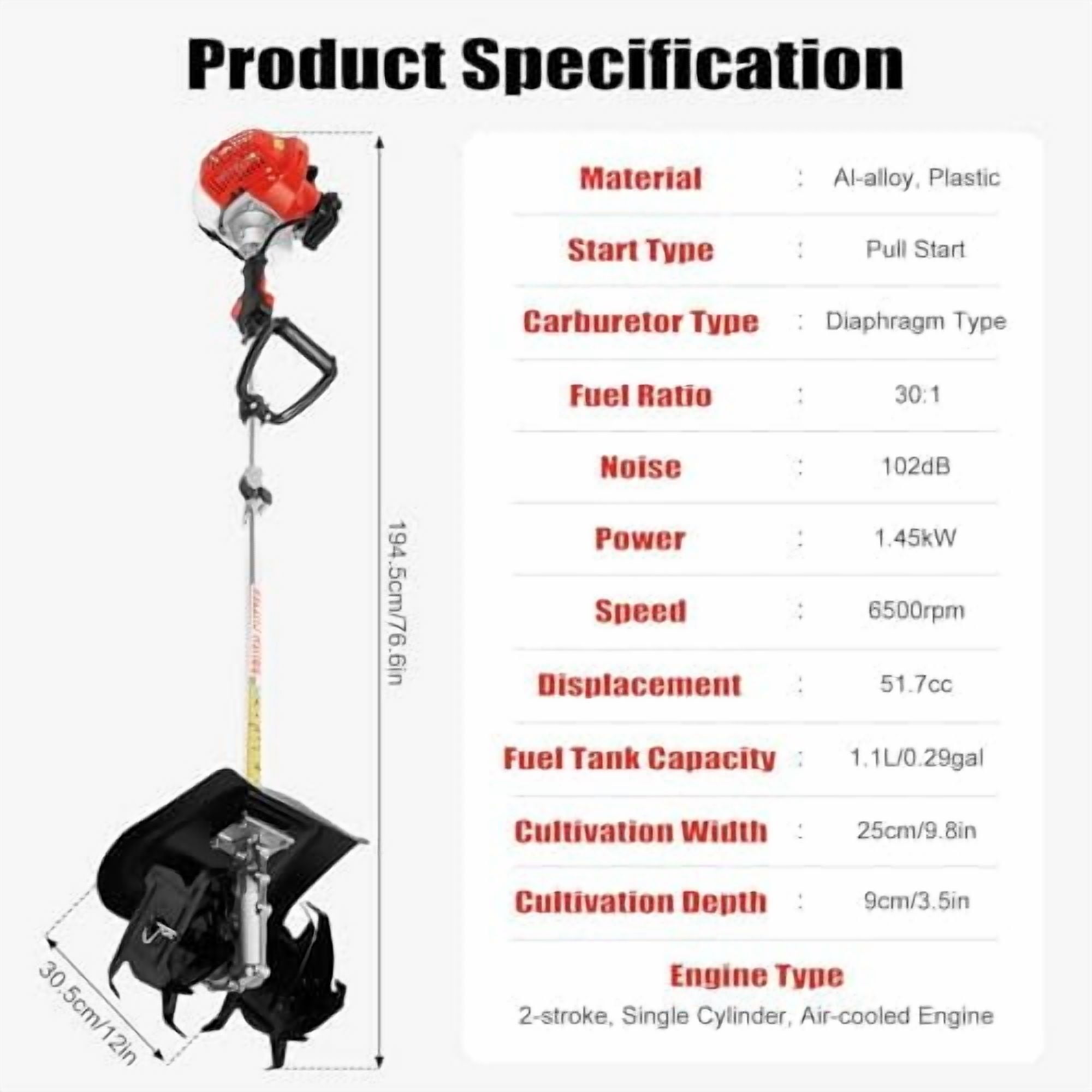 Generic Gas Powered Tiller Cultivator 2-Stroke Handheld Rotary Garden Rototiller (Orange, 26.2 lb) 5emnq