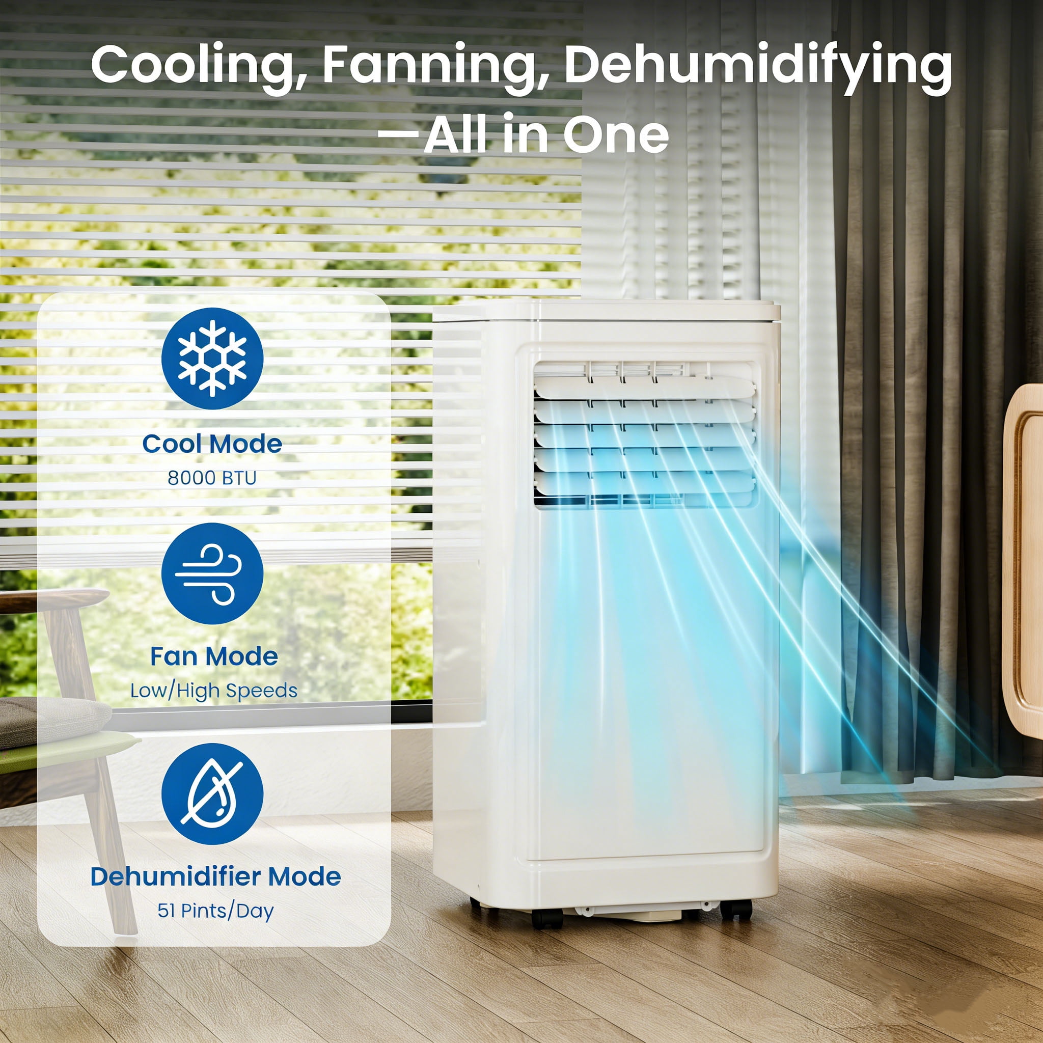 Moifoi 8000 BTU Portable Air Conditioner, 3-in-1 Cooling, Dehumidifying, and Fan Unit for Rooms up to 350 sq ft (White) oq3ou
