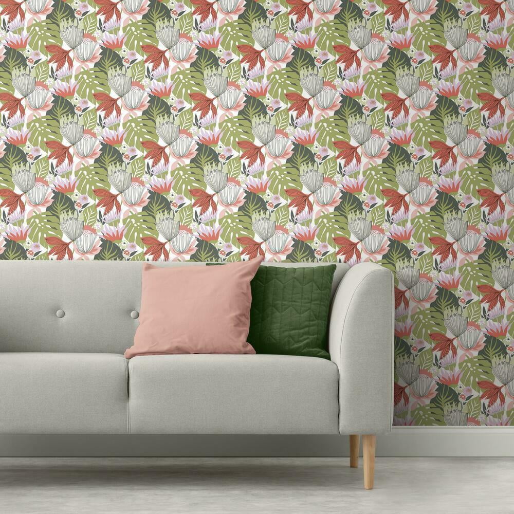 RoomMates Retro Tropical Leaves Peel and Stick Wallpaper (Pink, 20.5 in x 16.5 ft) jncuq