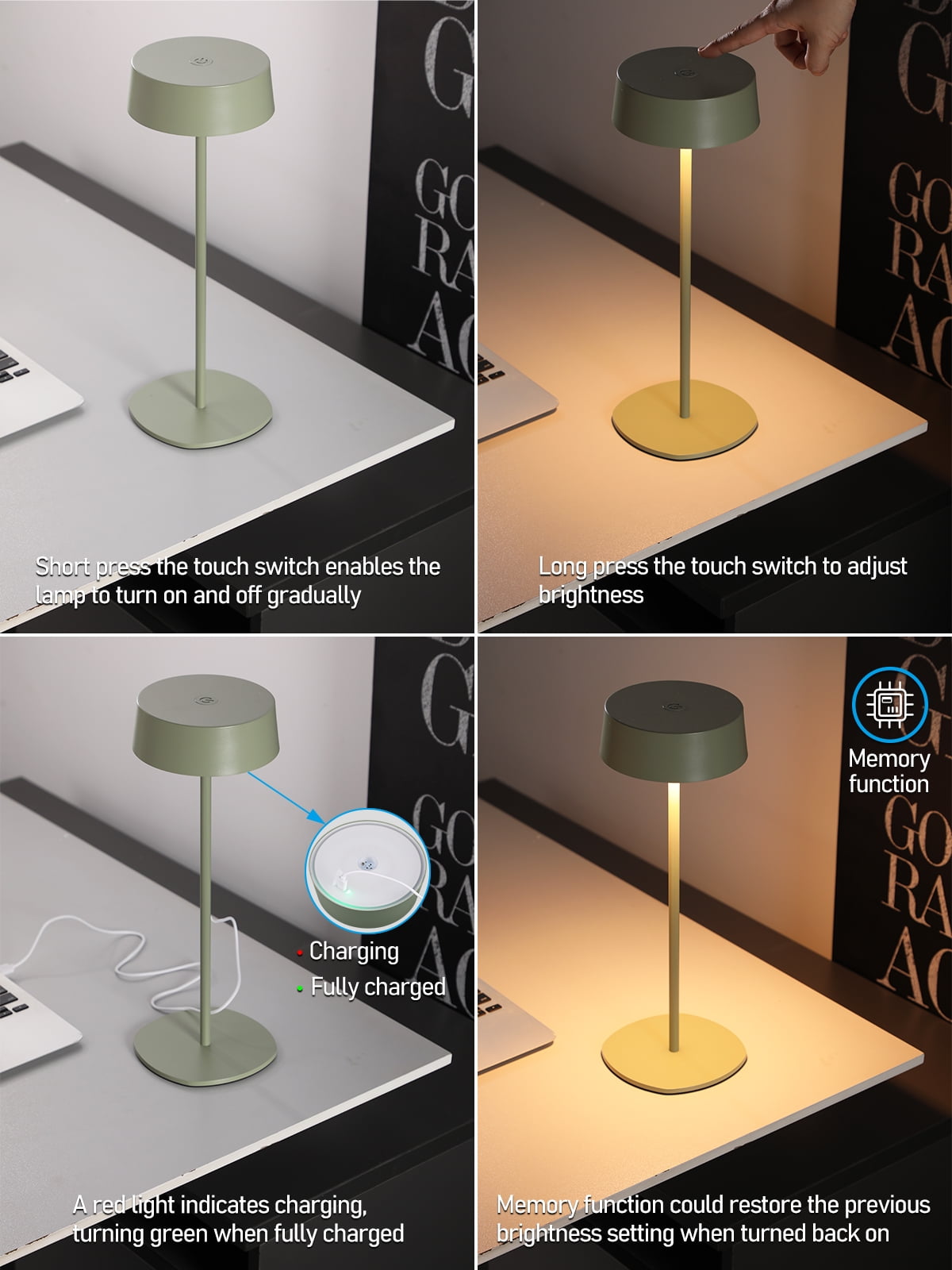 TorchStar Cordless LED Table Lamp, Portable Rechargeable Desk Lamp with Touch Control (Green, 2 Pack) 6zsm8